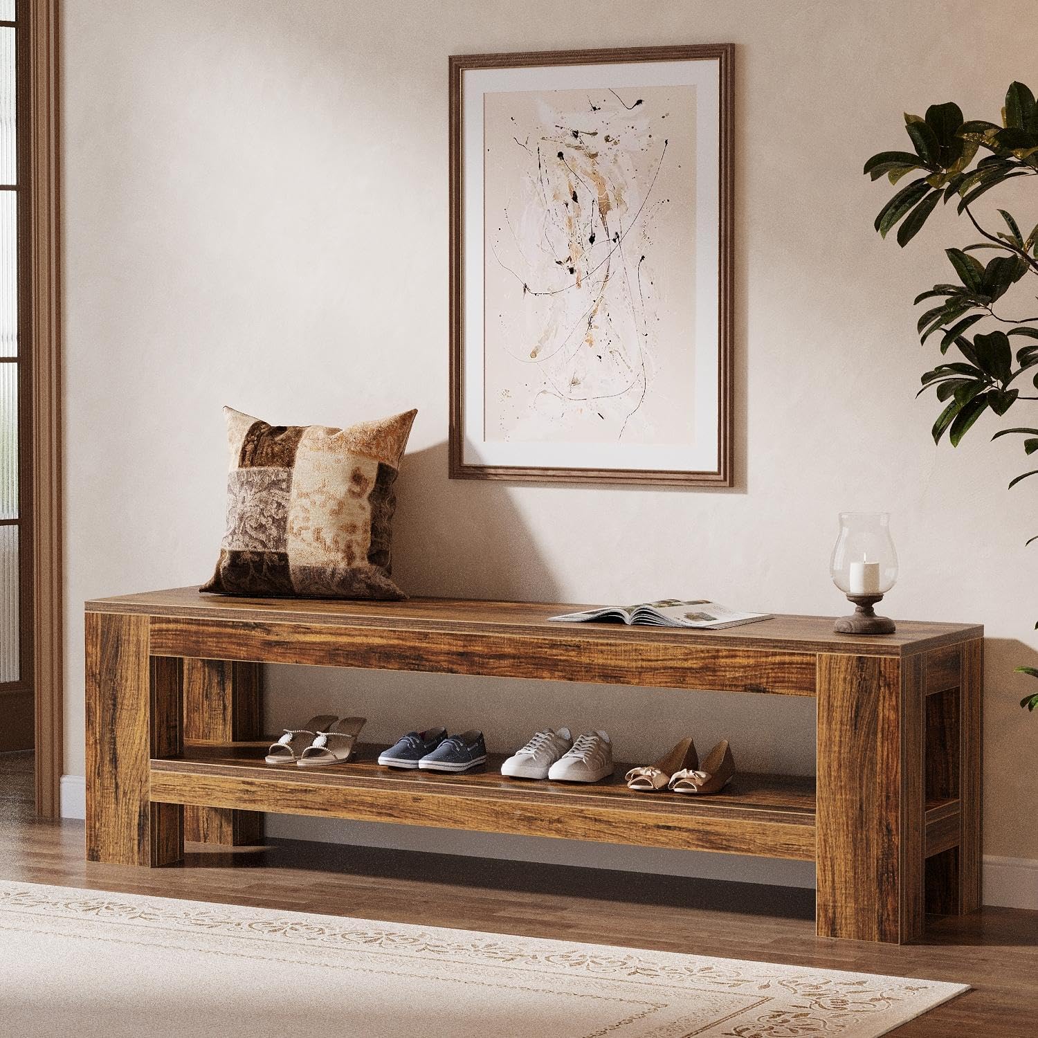 59" Entryway Bench, Farmhouse Indoor Console Shoe Bench End of Bed Table