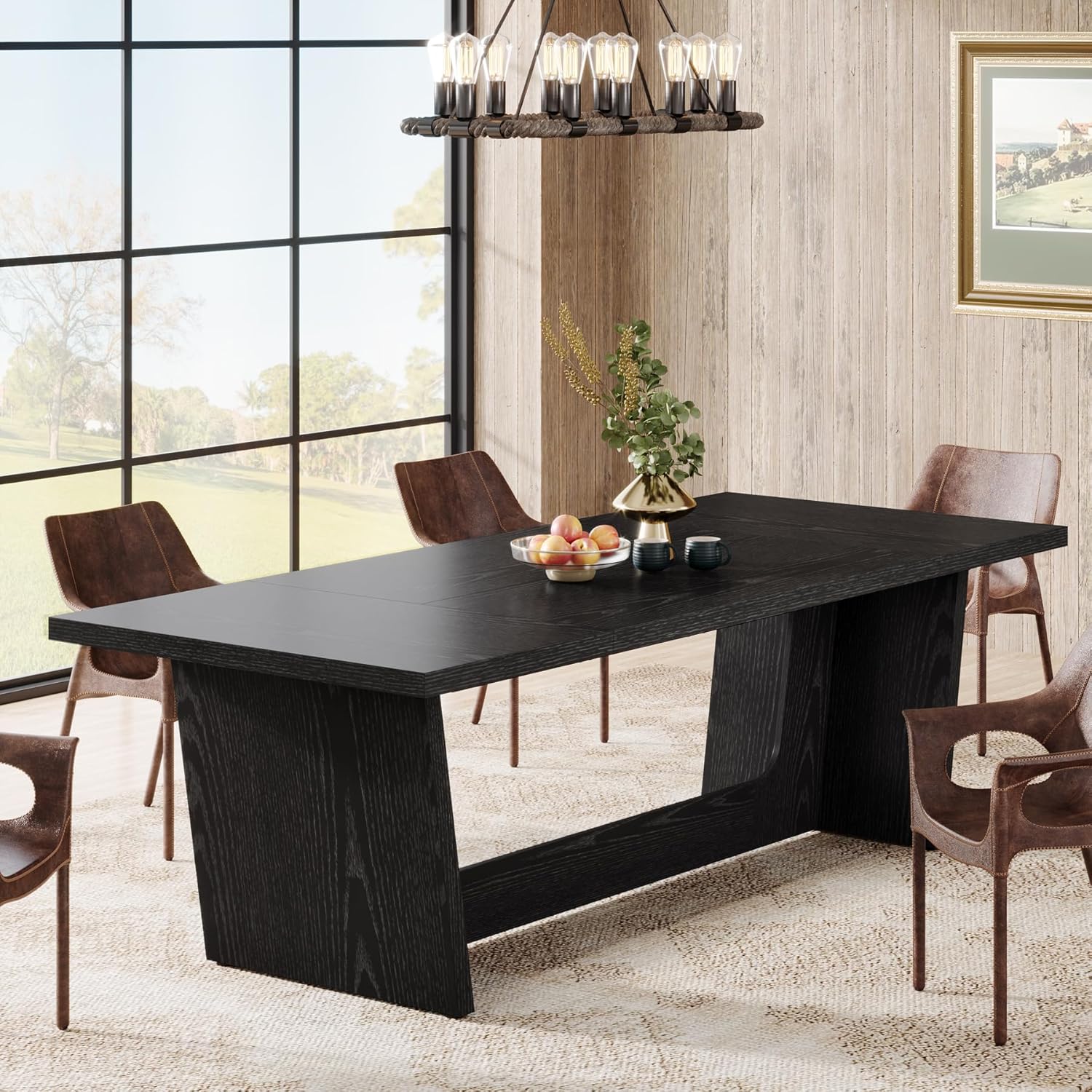 70.87" Rustic Brown Dining Table, Large Farmhouse Rectangular Table with Solid Pedestal Base