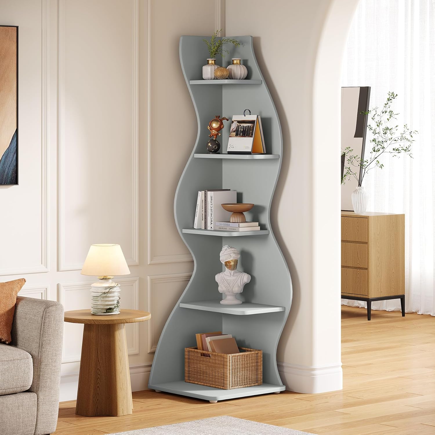Tribesigns Wavy Corner Shelf, Modern 5-Tier Curved Bookshelf for Small Spaces
