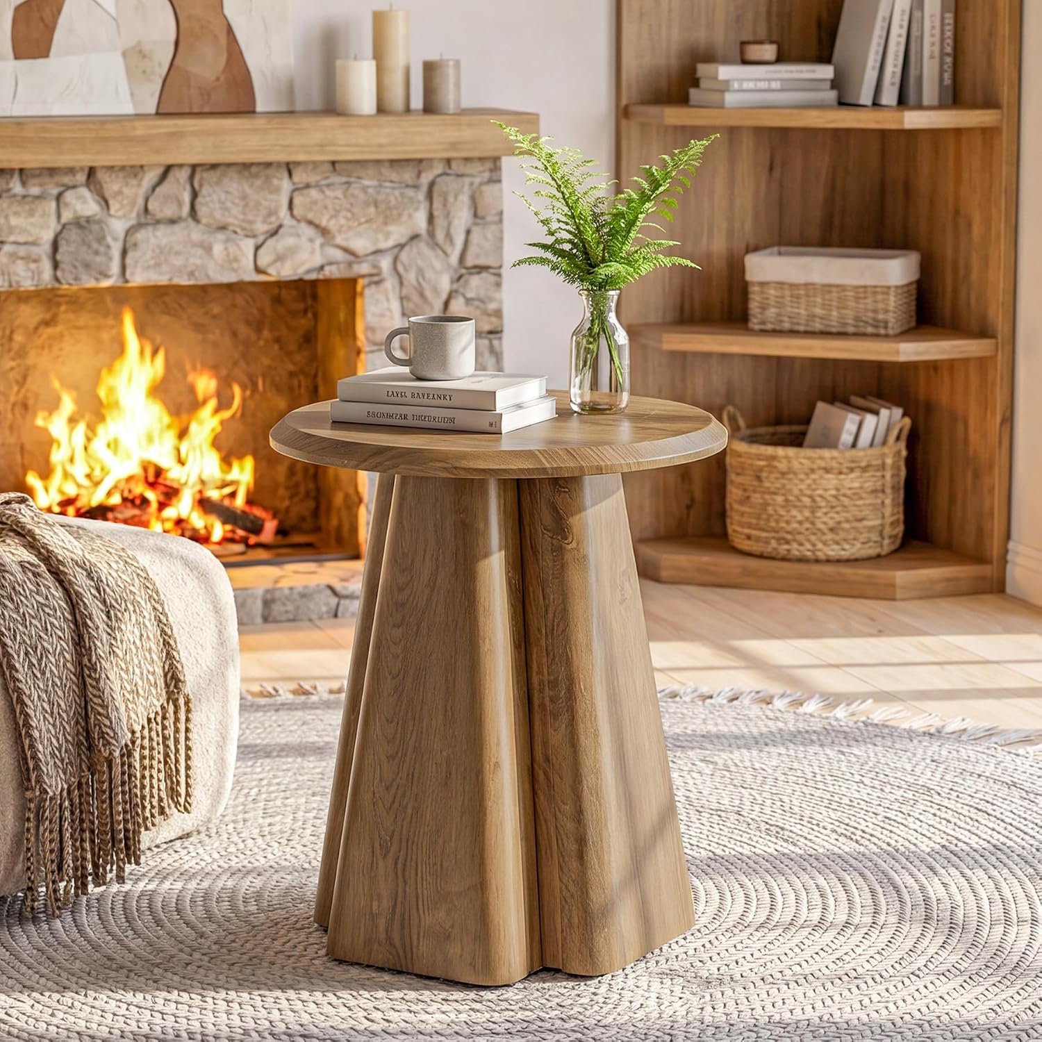23.6" Round End Table, Modern Accent Side Table with Fluted Pedestal Base