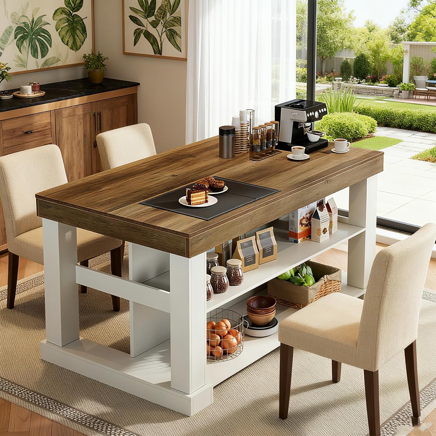 55" Counter Height Bar Table with Storage Shelves, Rectangular Kitchen Table for 6