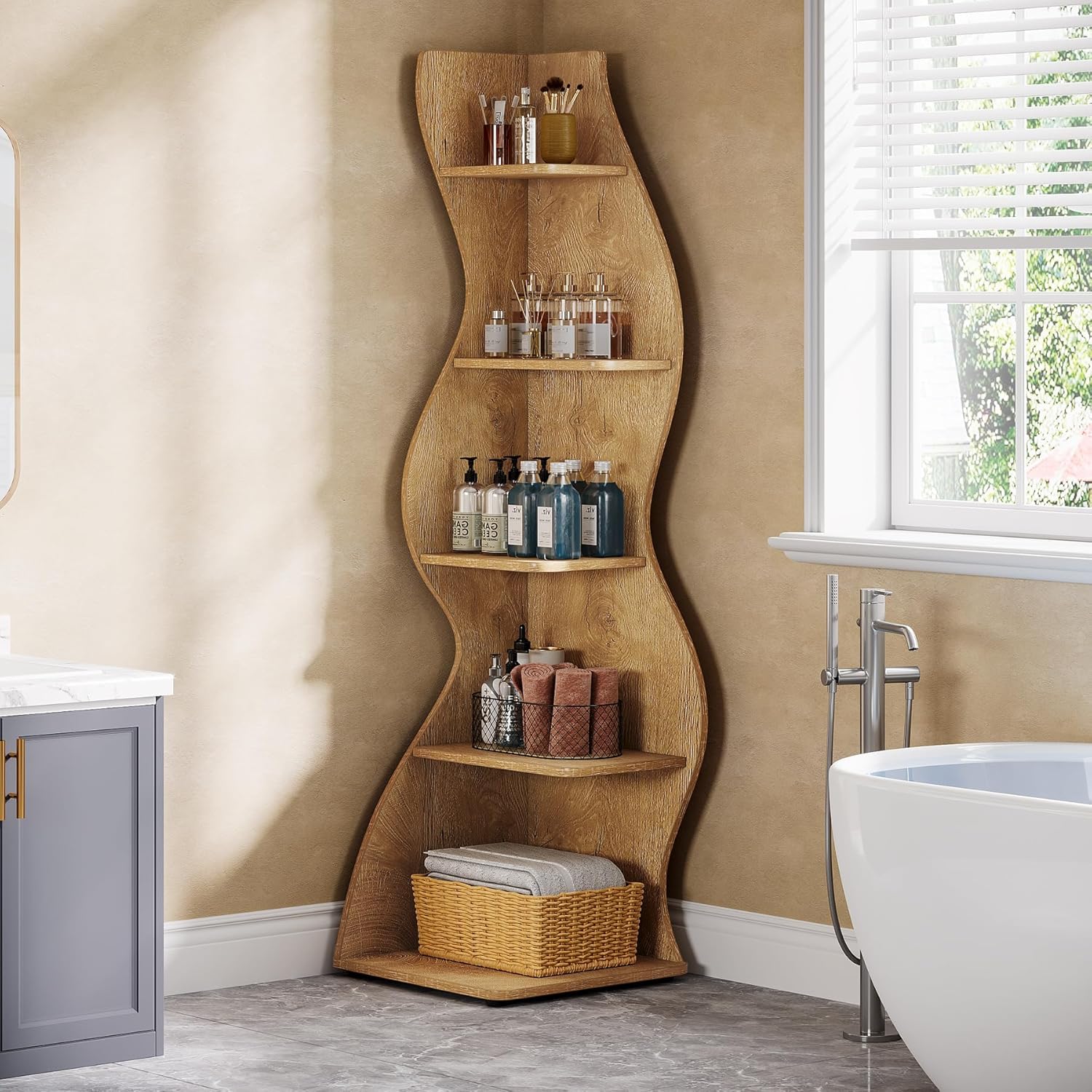 Tribesigns Wavy Corner Shelf, Modern 5-Tier Curved Bookshelf for Small Spaces