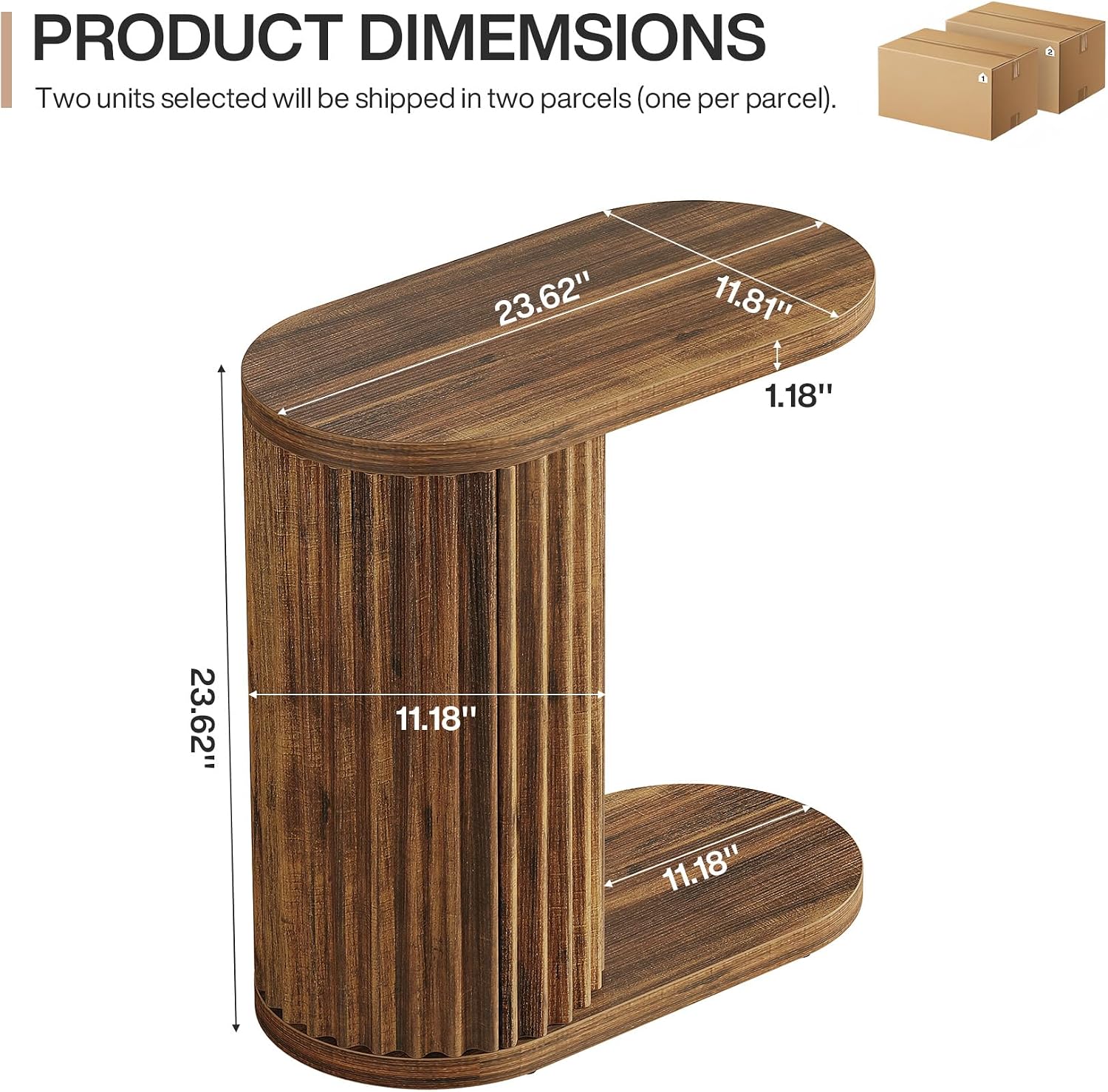23.62" Fluted C-Shaped End Table with Oval Top, Narrow Side Table for Couch