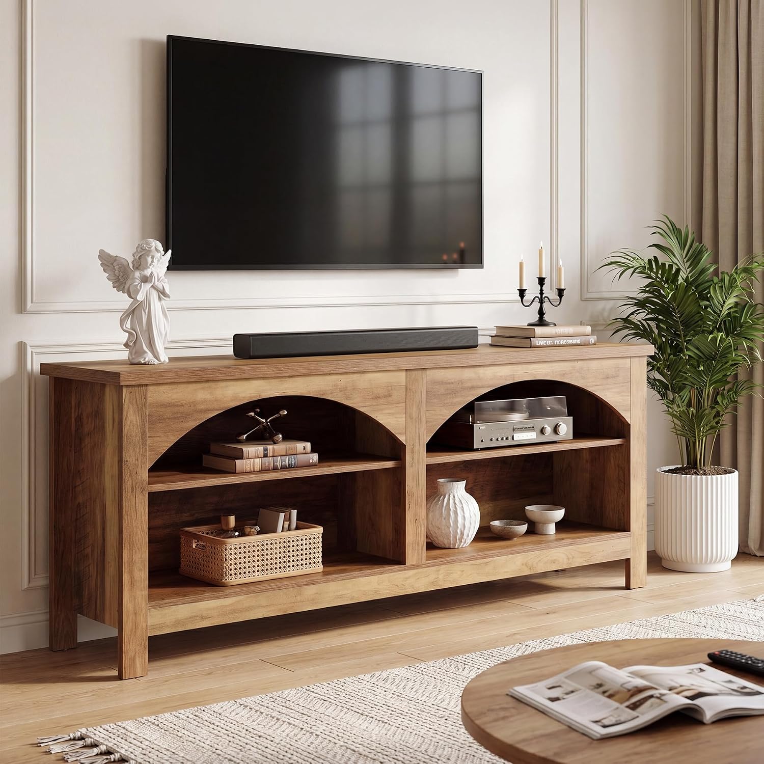63" TV Stand, Farmhouse Entertainment Center with 2-tier Shelf