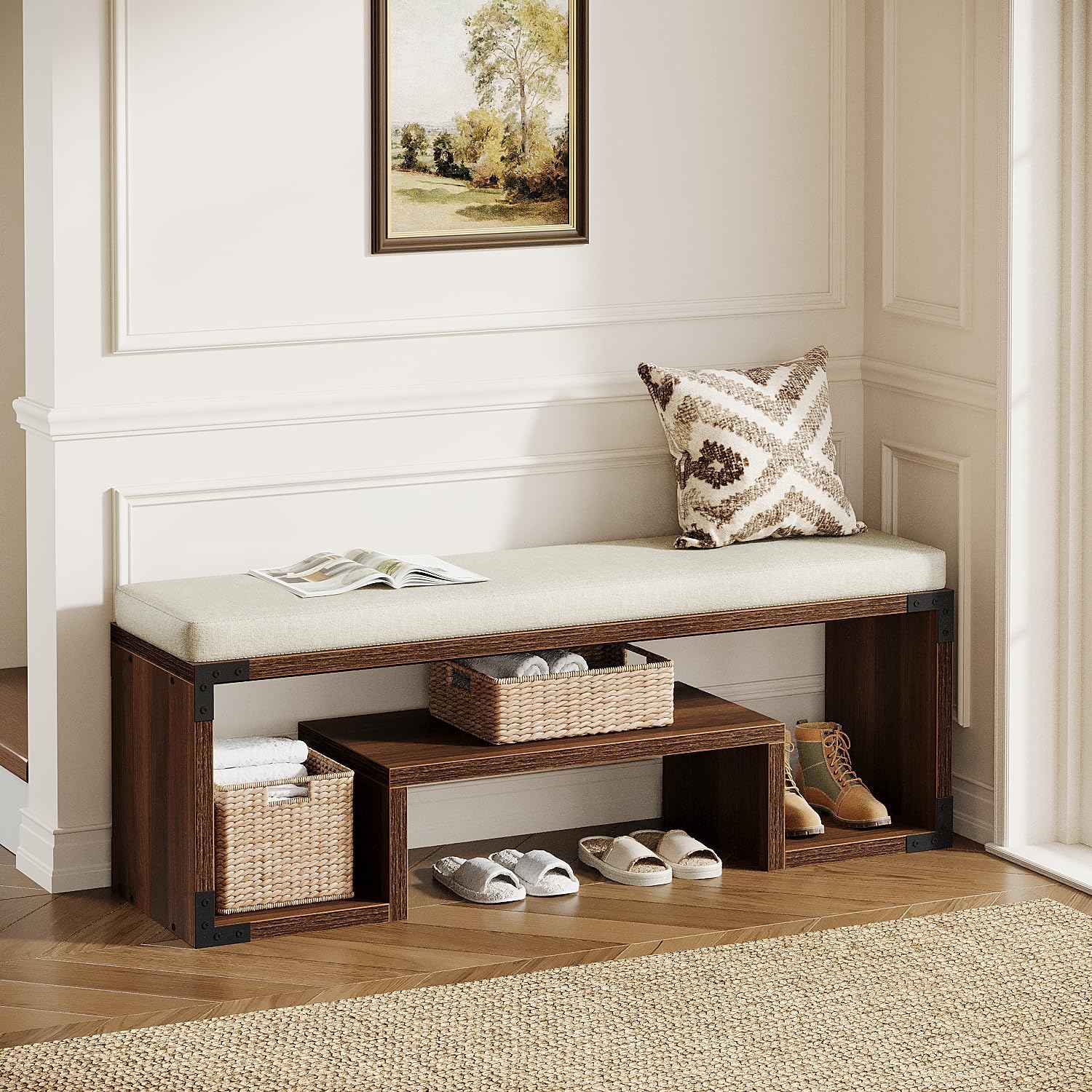 47" Shoe Bench, Entryway Bench with Cushion and Storage Shelf