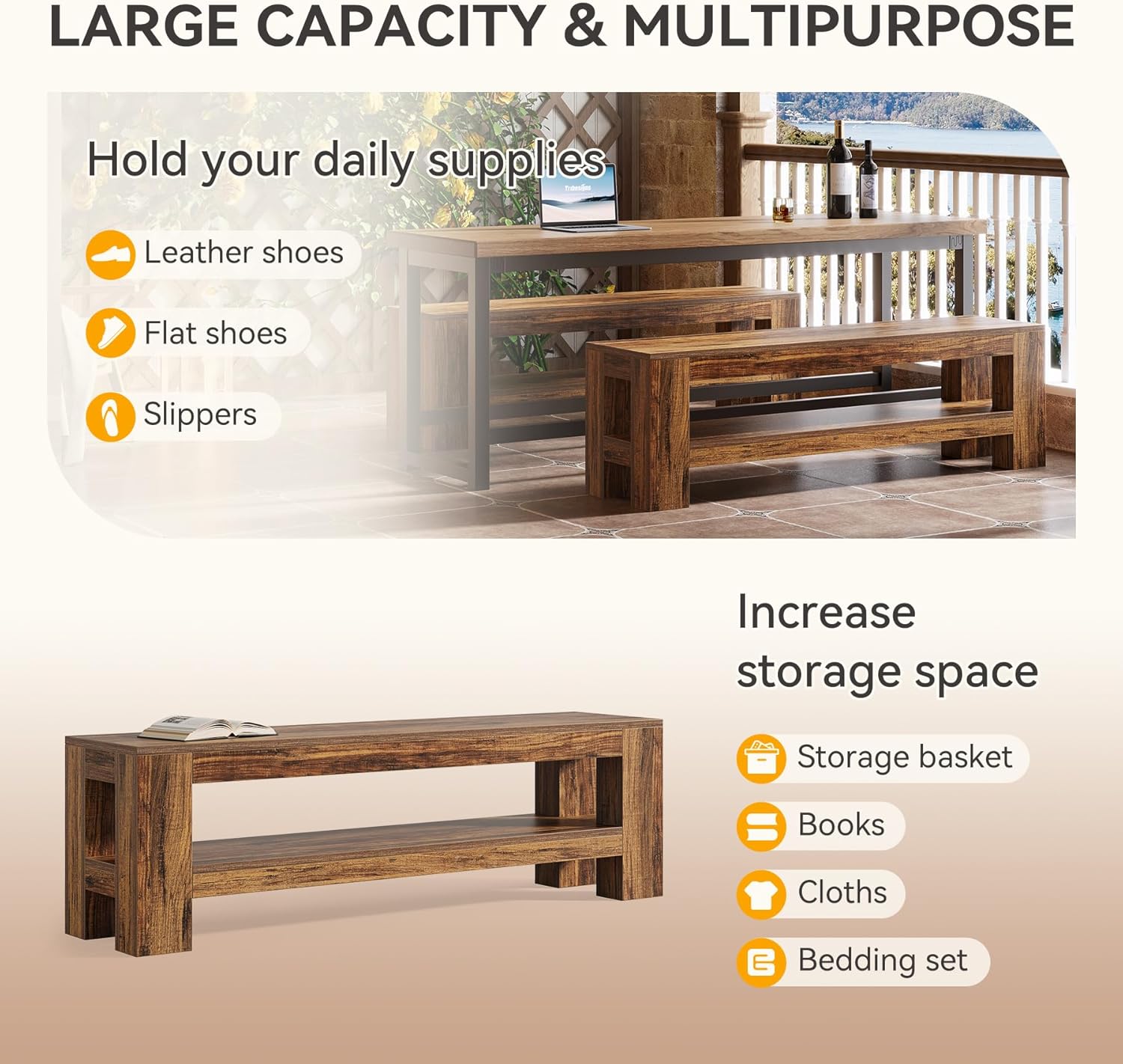 59" Wooden Dining Bench, Farmhouse Indoor Kitchen Bench with Storage Shelf