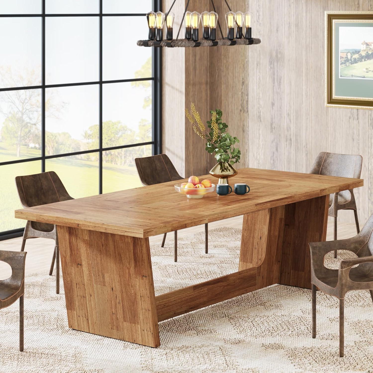 70.87" Rustic Brown Dining Table, Large Farmhouse Rectangular Table with Solid Pedestal Base
