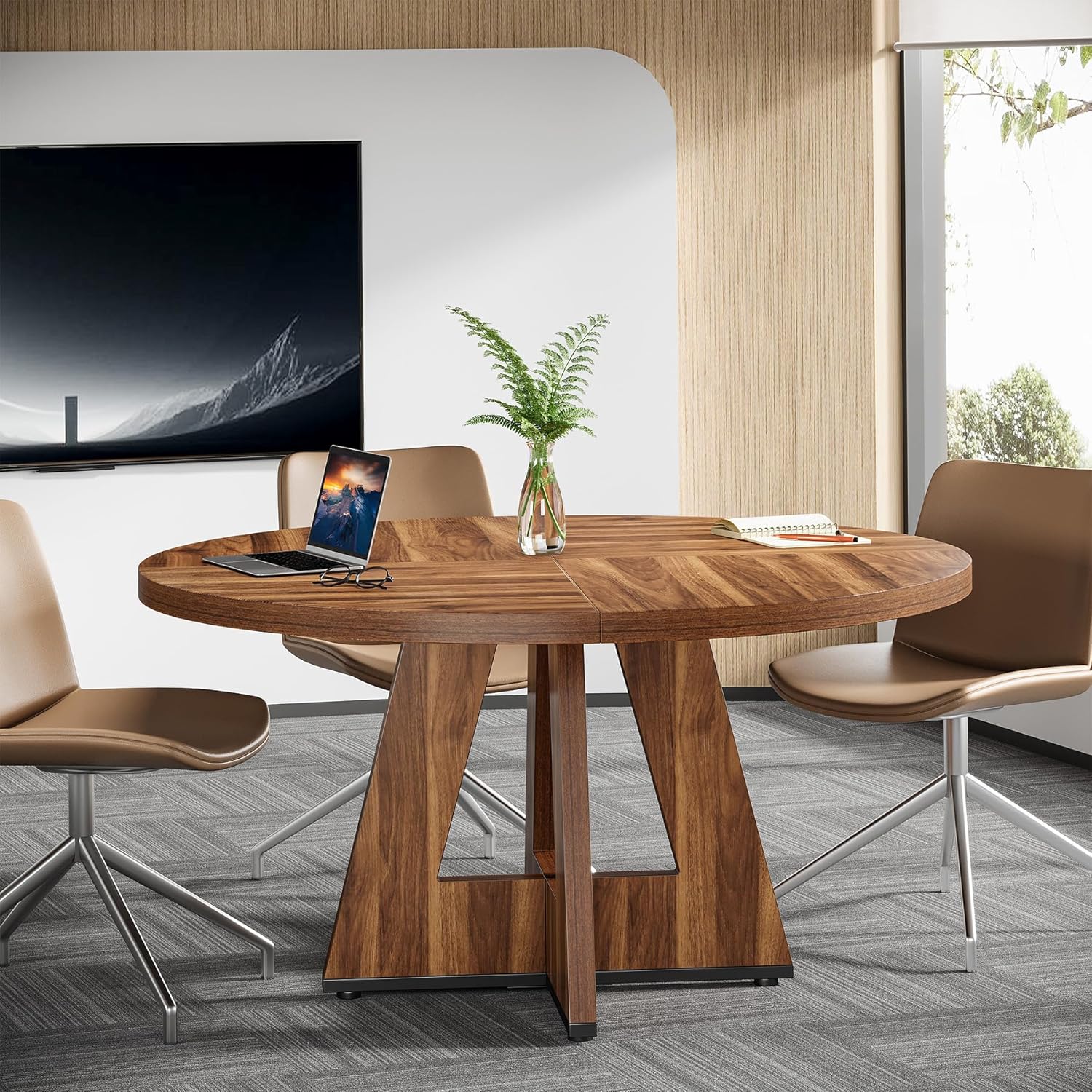 Tribesigns 47-Inch Round Conference Table for 4-6 People, Wooden Base and Thickened Top