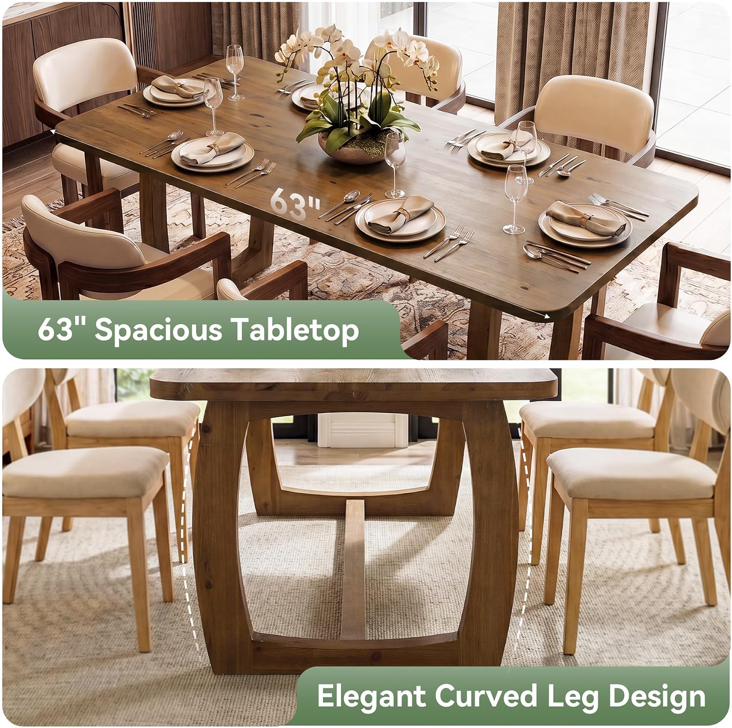 63" Solid Wood Dining Table, Farmhouse Rectangle Kitchen Table with U-Shaped Trestle Base