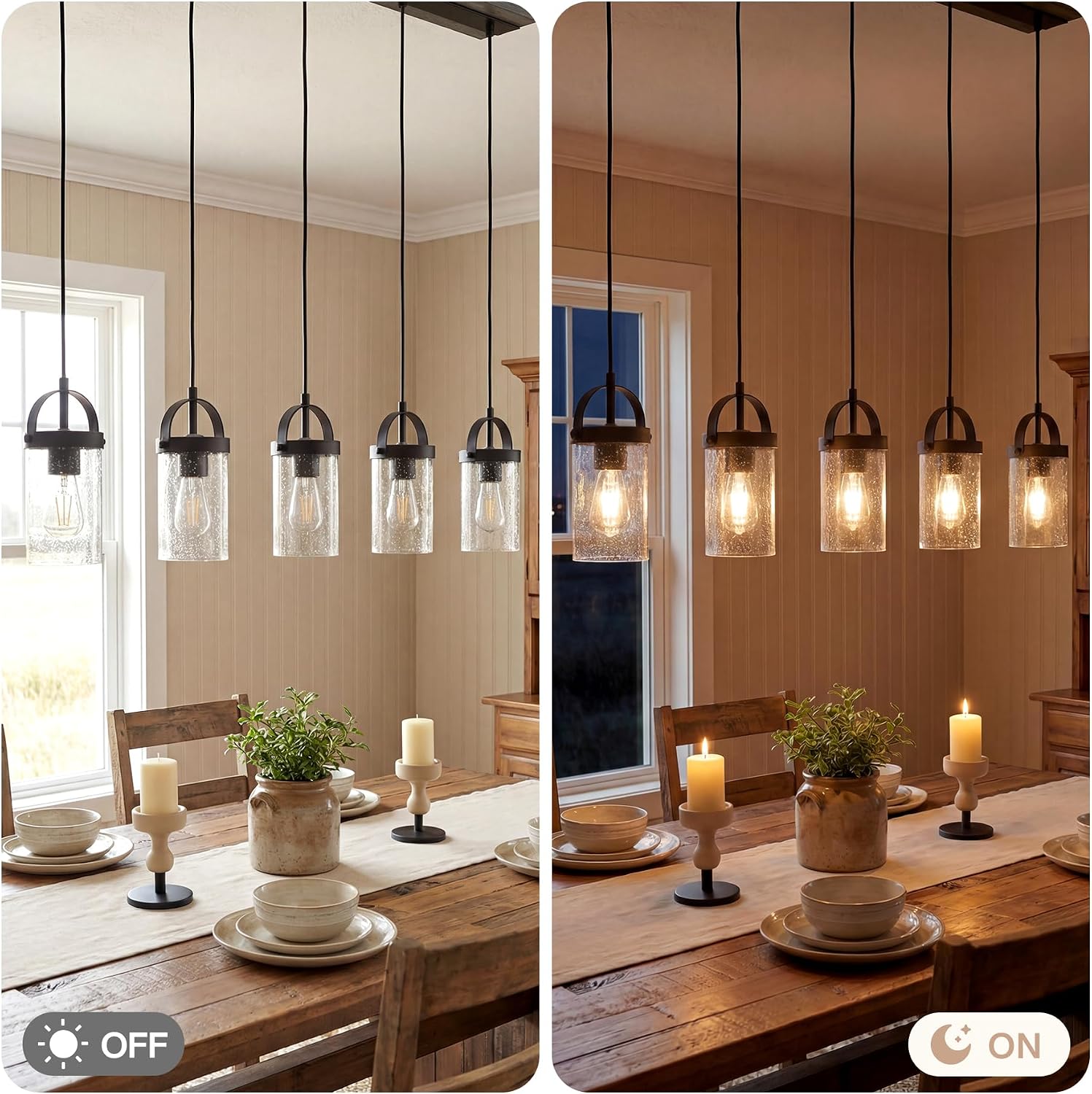 5-Light Linear Chandelier, Kitchen Island Lighting Fixture with Seeded Glass Shades, E26 Socket