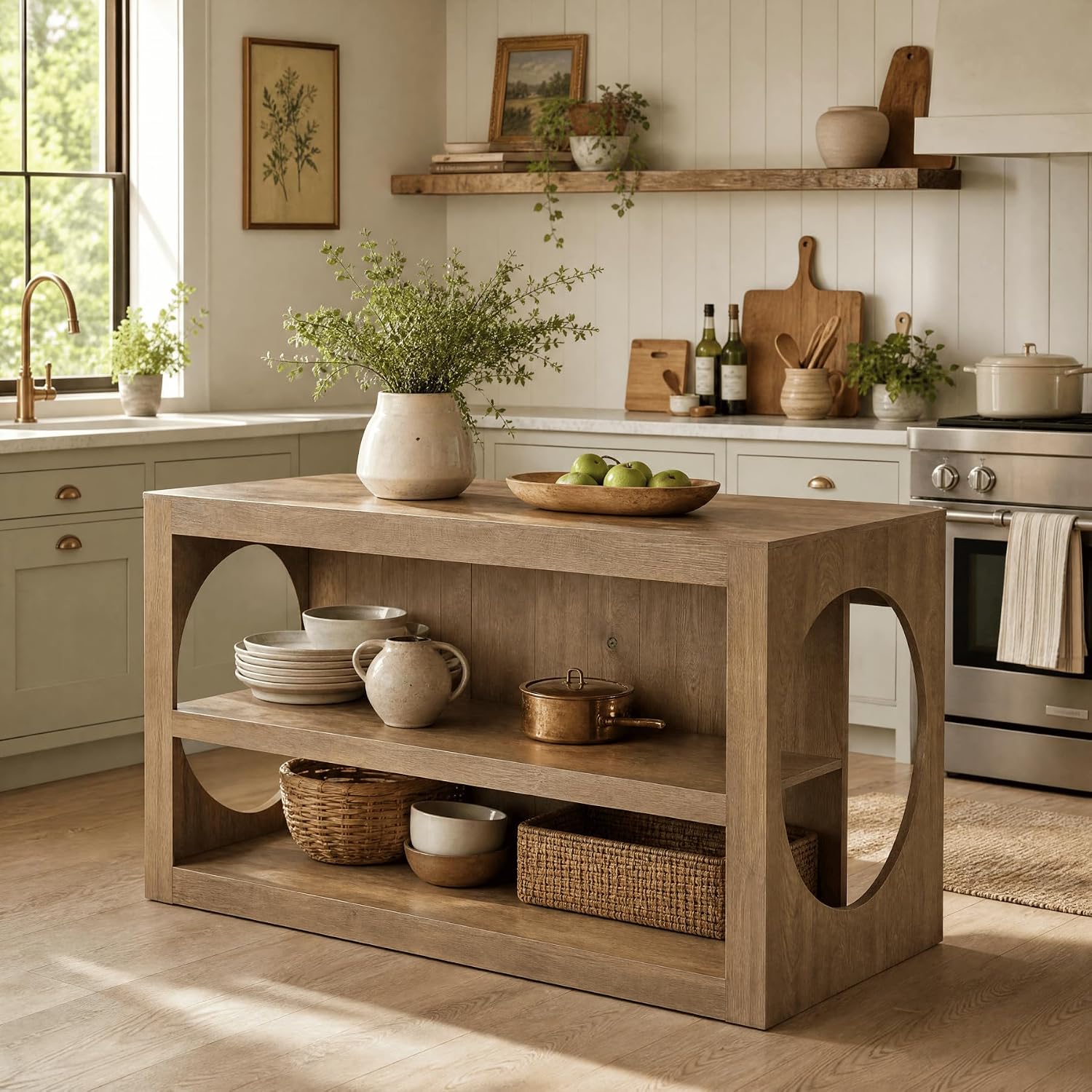 63" Farmhouse Kitchen Island with Seating, 3-Tier Storage, Large Countertop, Dining Room Table
