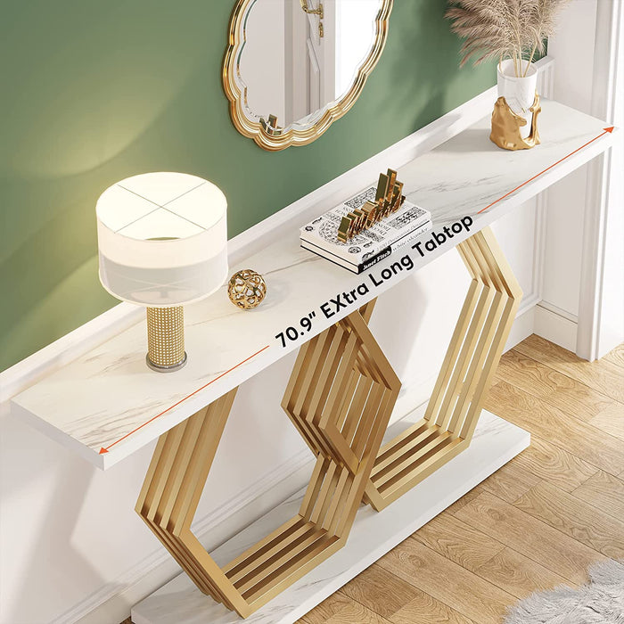 70" Console Table Faux Marble Entryway Table with Geometric Metal Base Tribesigns