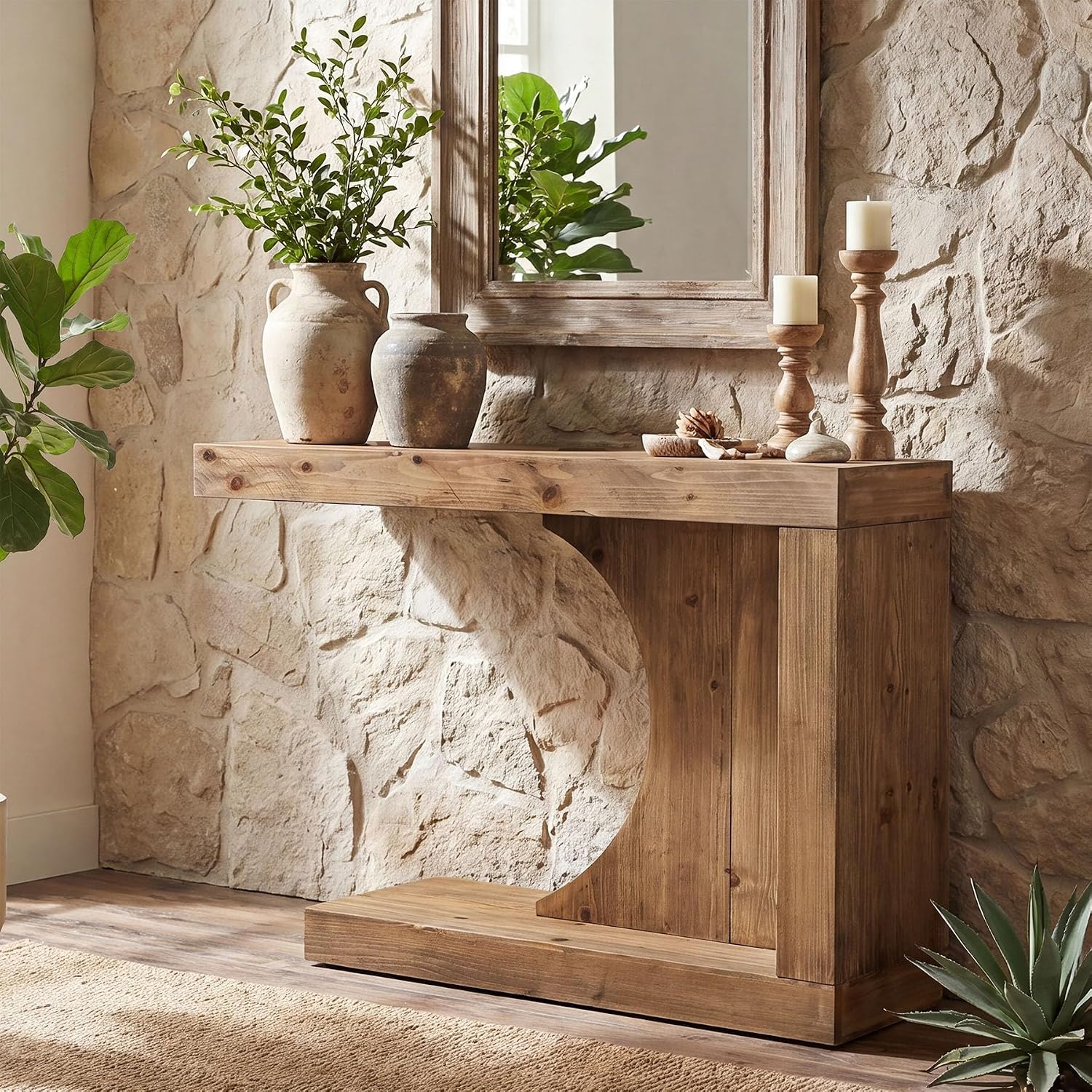 39.4" C-Shaped Console Table, Solid Wood Modern Entryway Accent Table for Living Room