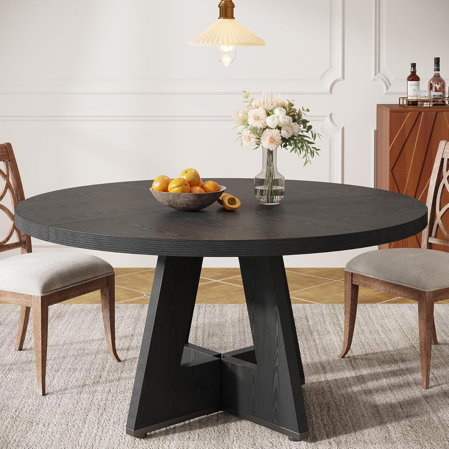 47" Farmhouse Dining Table, Round Wooden Kitchen Dinner Table for 4 People