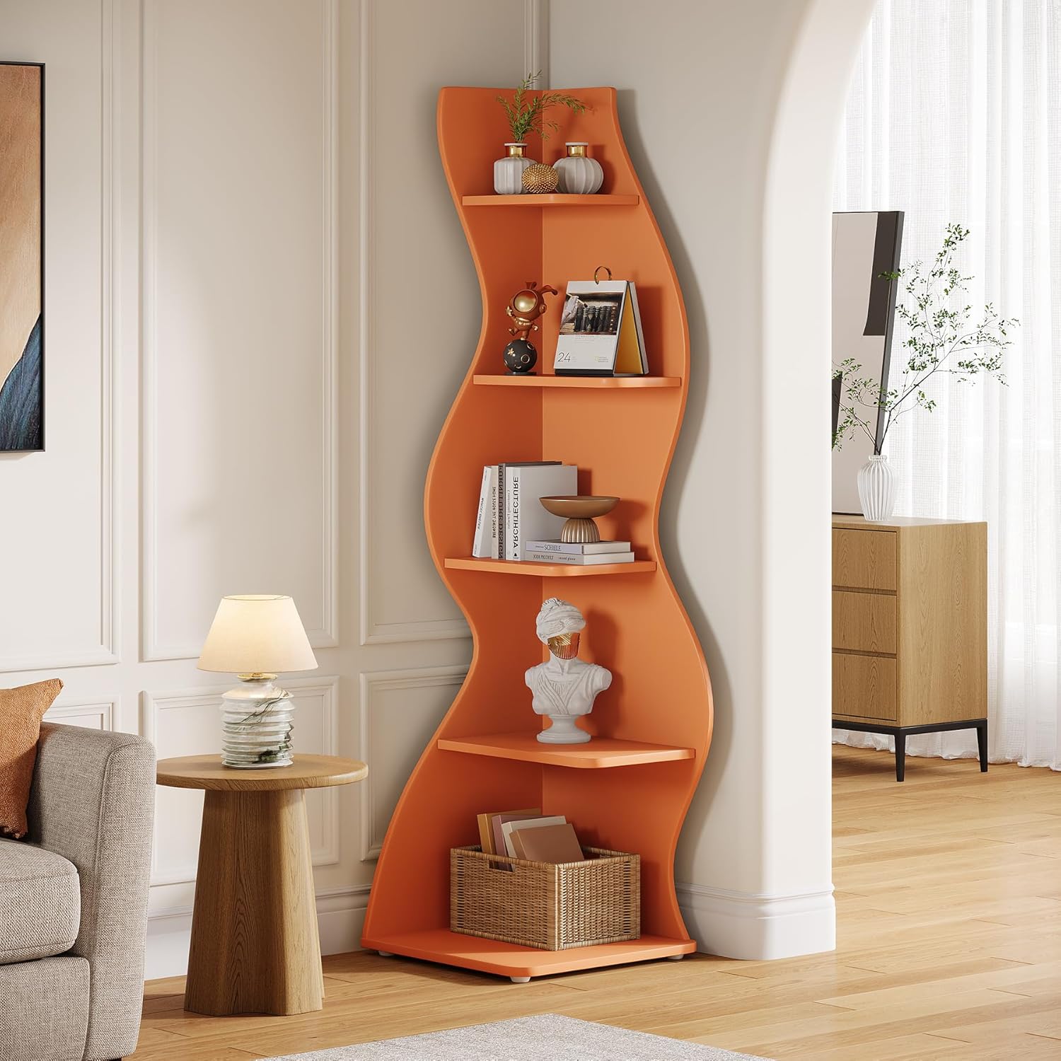 Tribesigns Wavy Corner Shelf, Modern 5-Tier Curved Bookshelf for Small Spaces