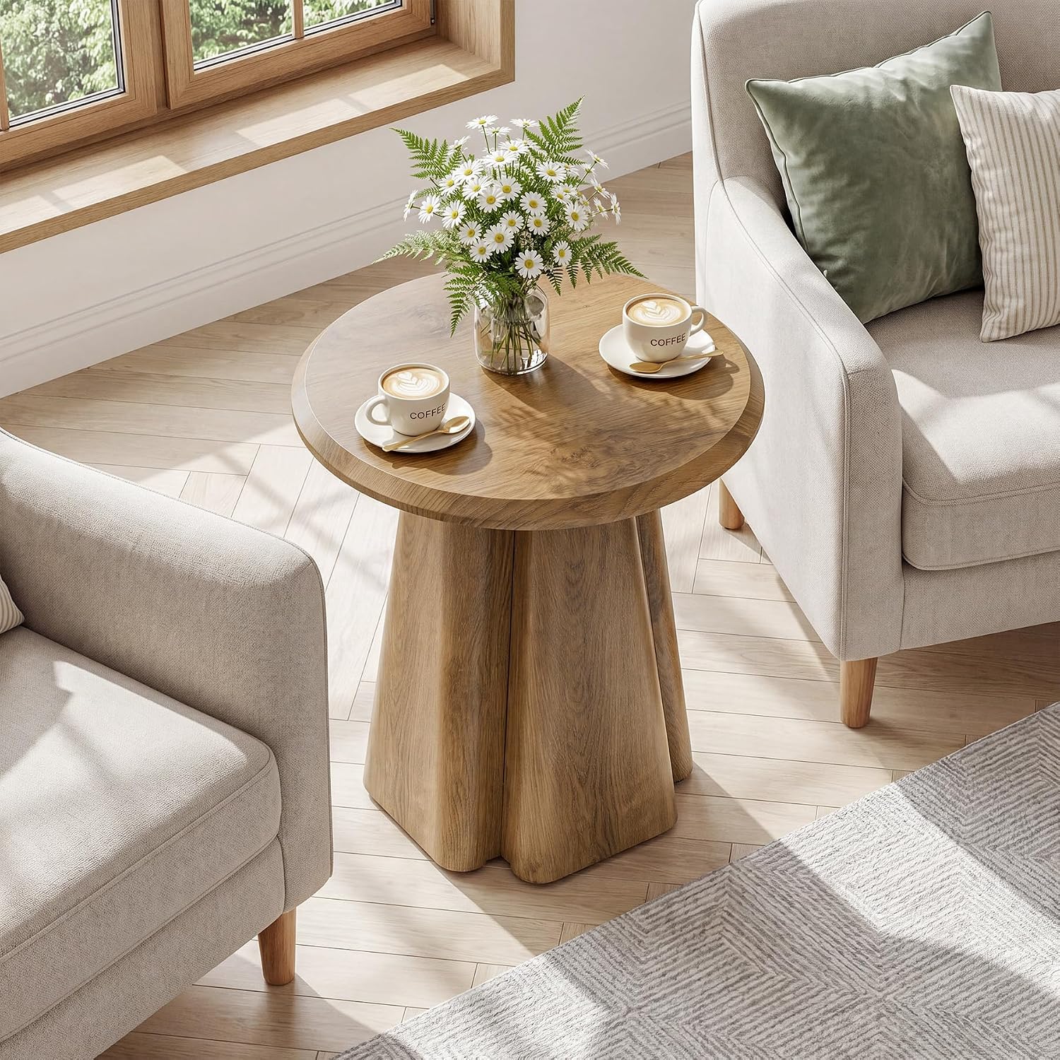 23.6" Round End Table, Modern Accent Side Table with Fluted Pedestal Base