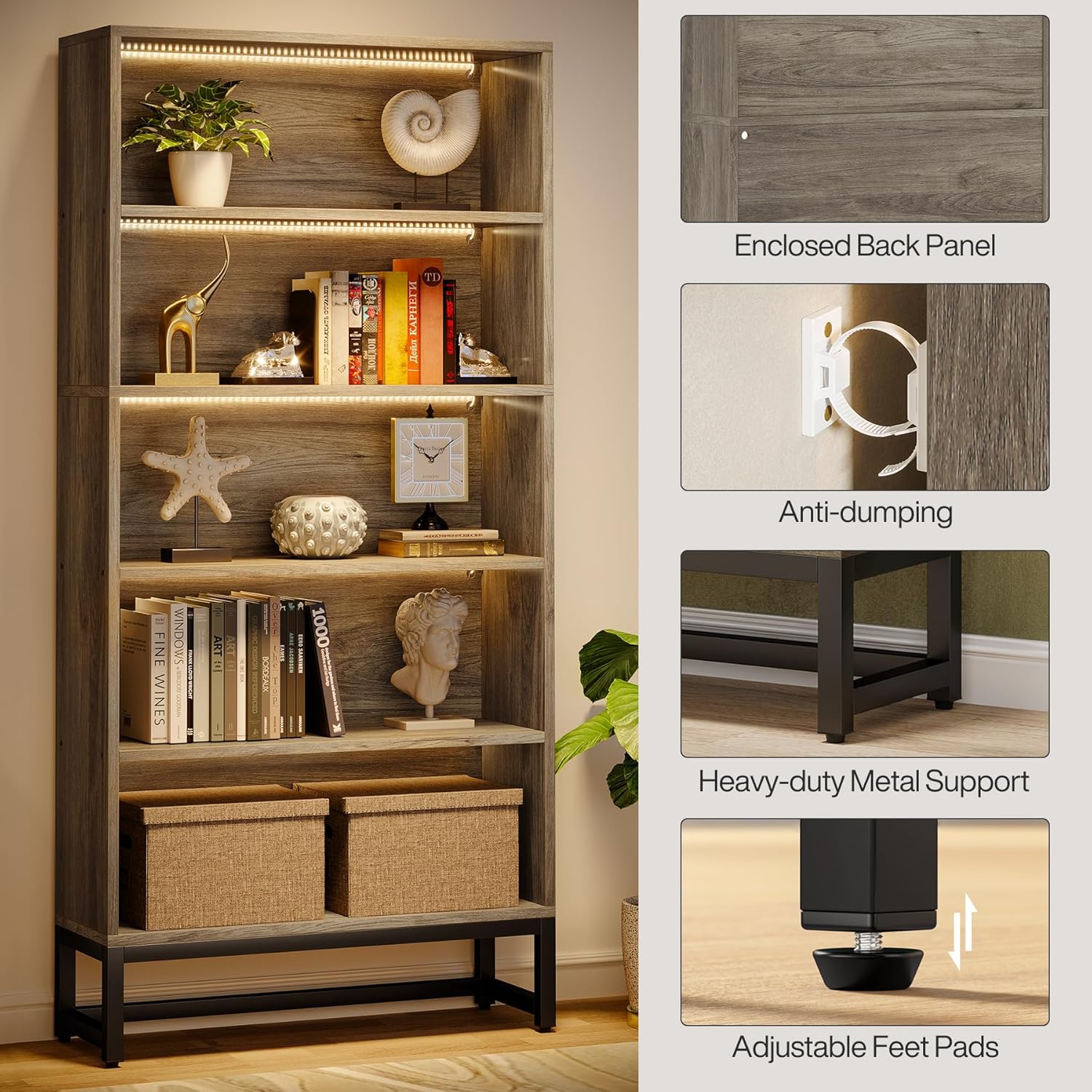 Tribesigns 70.8-Inch Tall Bookcase with LED Lights, 5-Tier Black Bookshelf Organizer