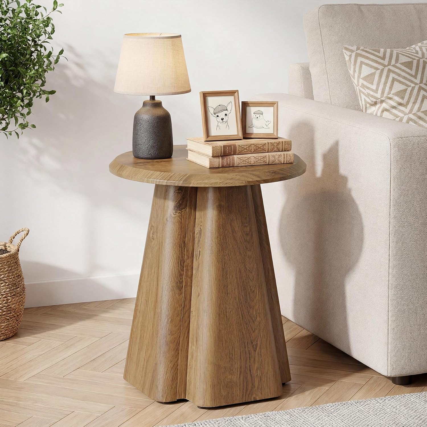 23.6" Round End Table, Modern Accent Side Table with Fluted Pedestal Base