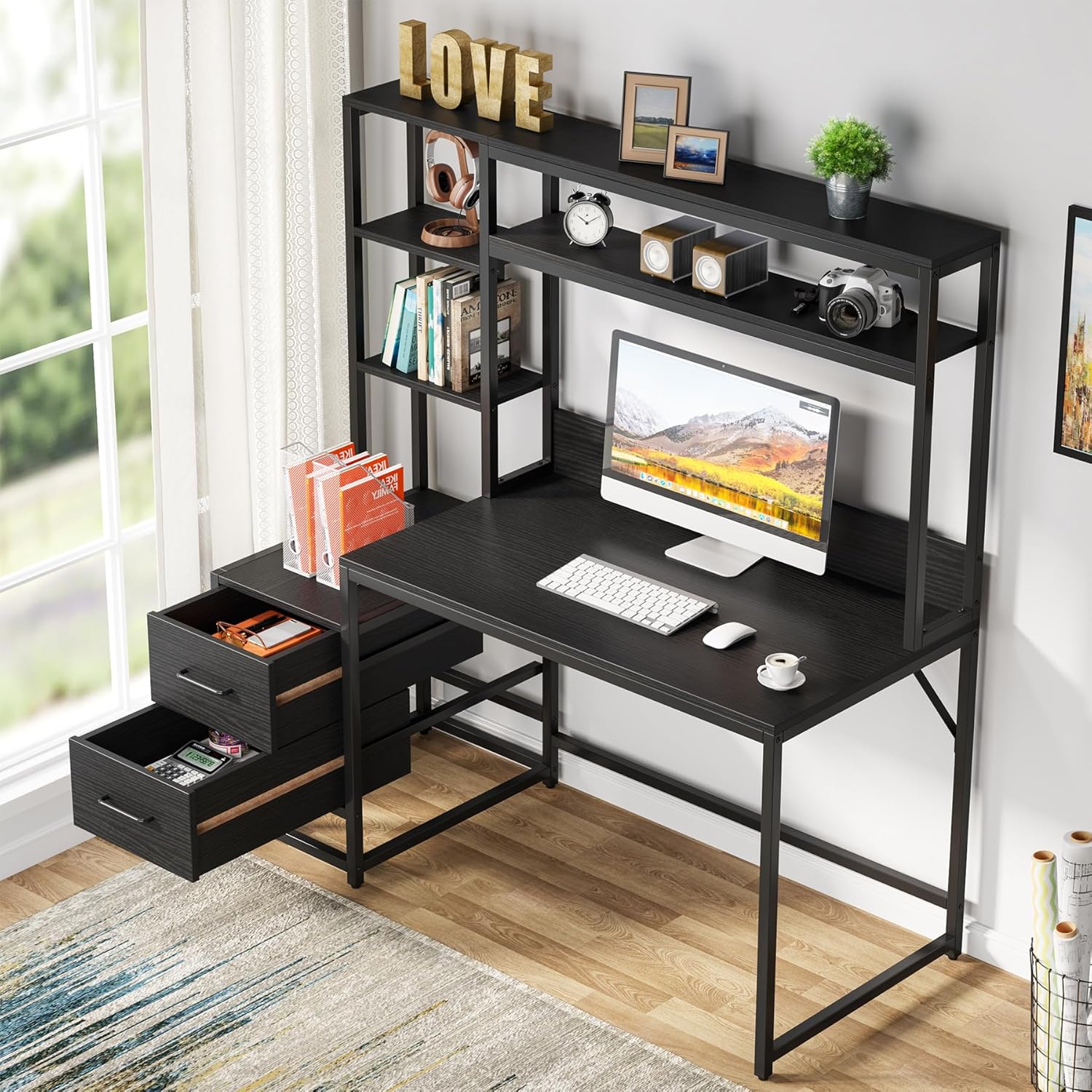 Tribesigns 55 Inch Computer Desk with Storage Shelves, Rustic