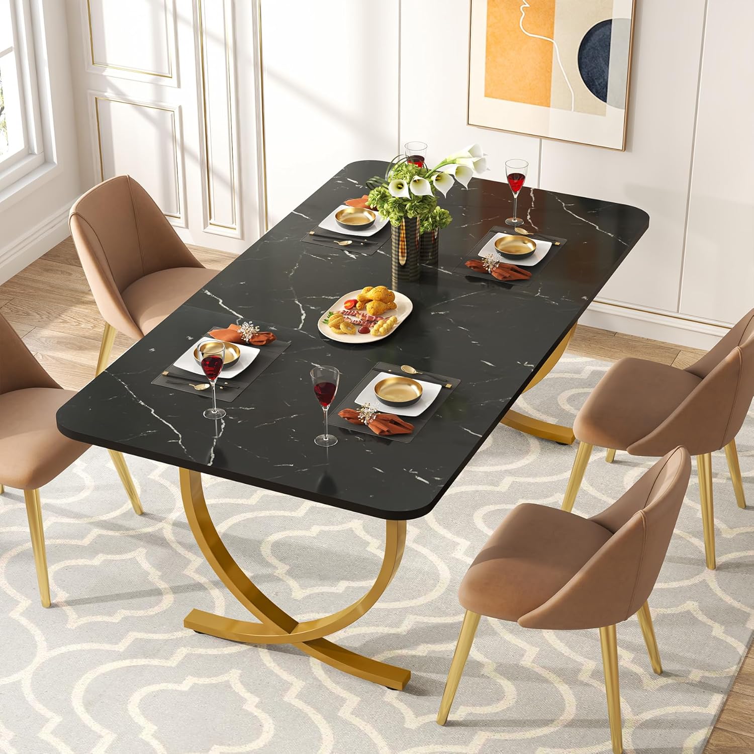 63" Modern Kitchen Table with Gold Metal Legs, Faux Marble Rectangular Dining Table