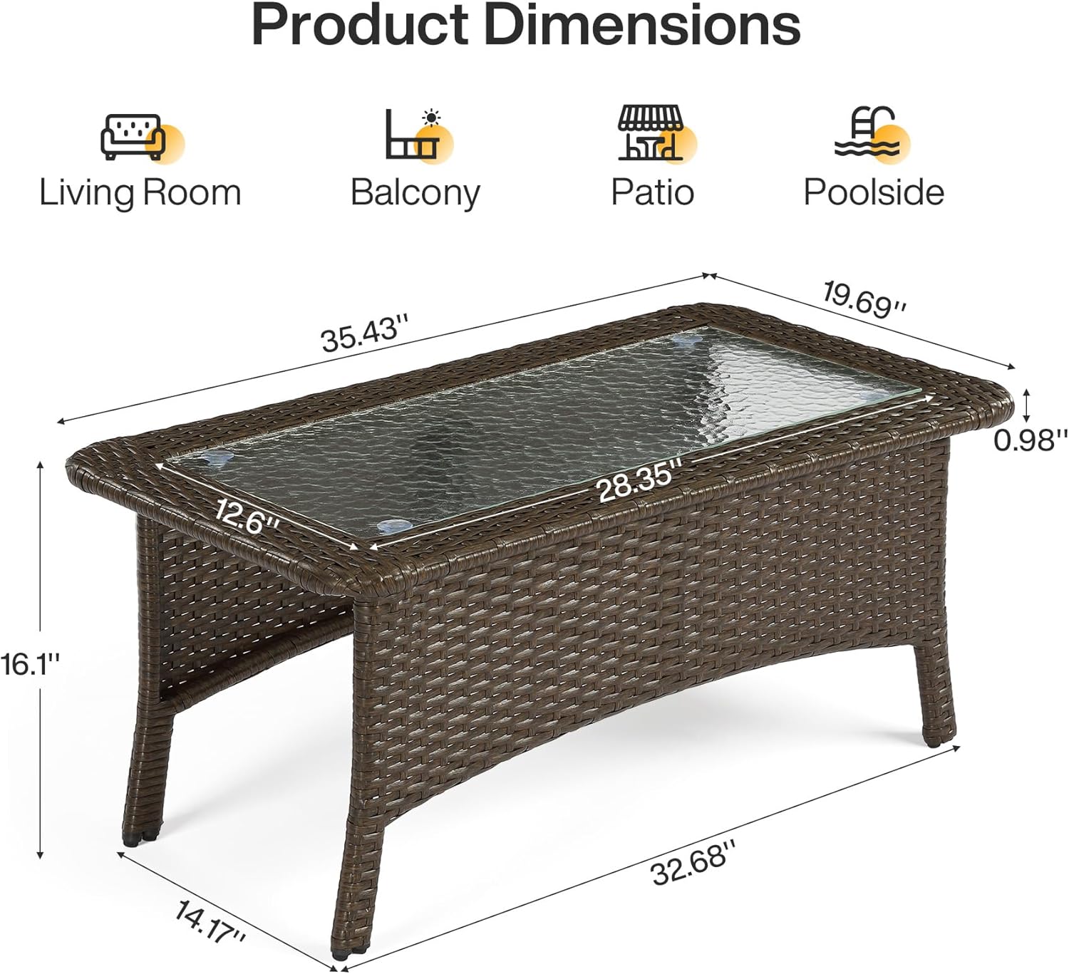 35.4" Outdoor Coffee Table, Rectangular Wicker Center Table With Glass Top