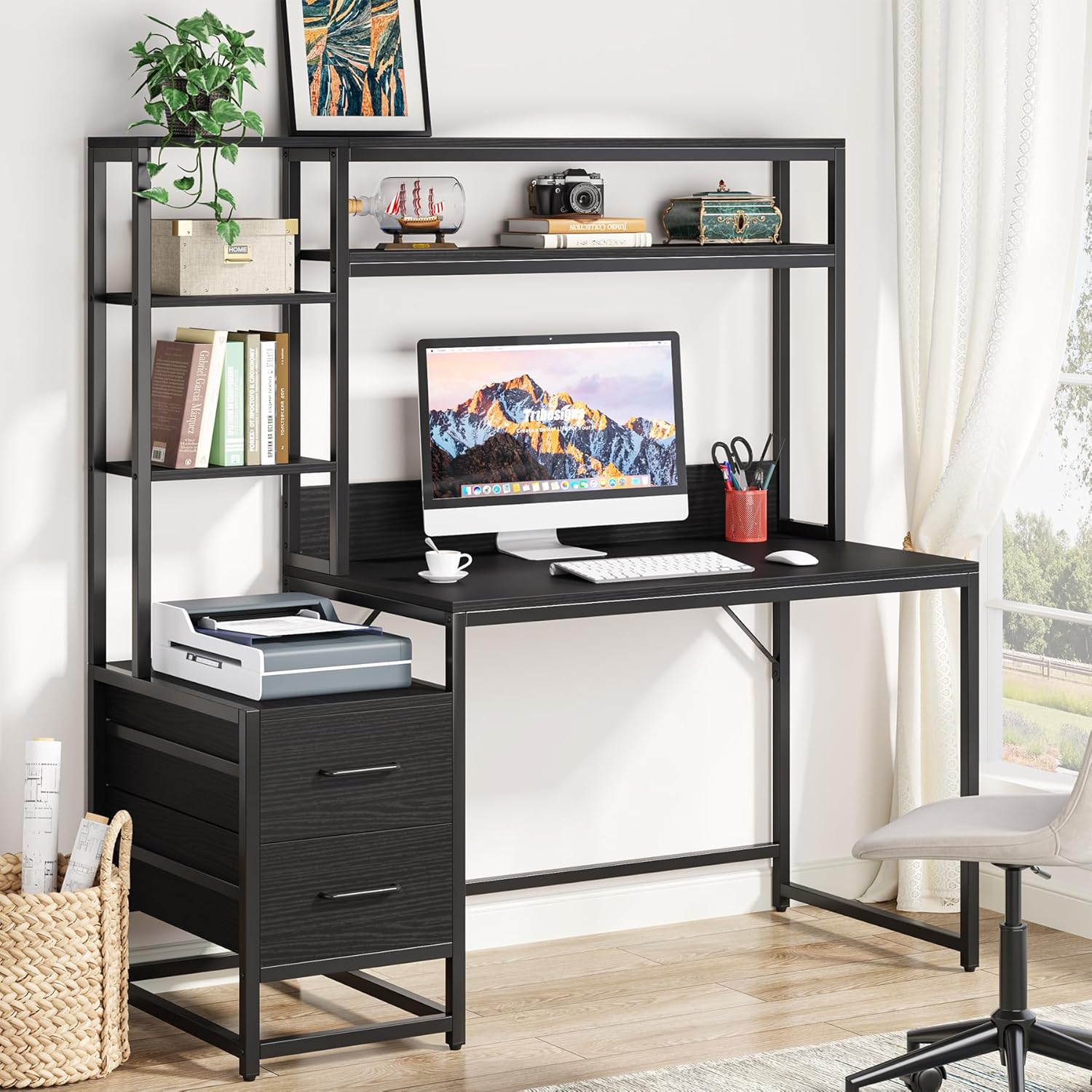 Tribesigns 55 Inch Computer Desk with Storage Shelves, Rustic Office Desk with Drawers