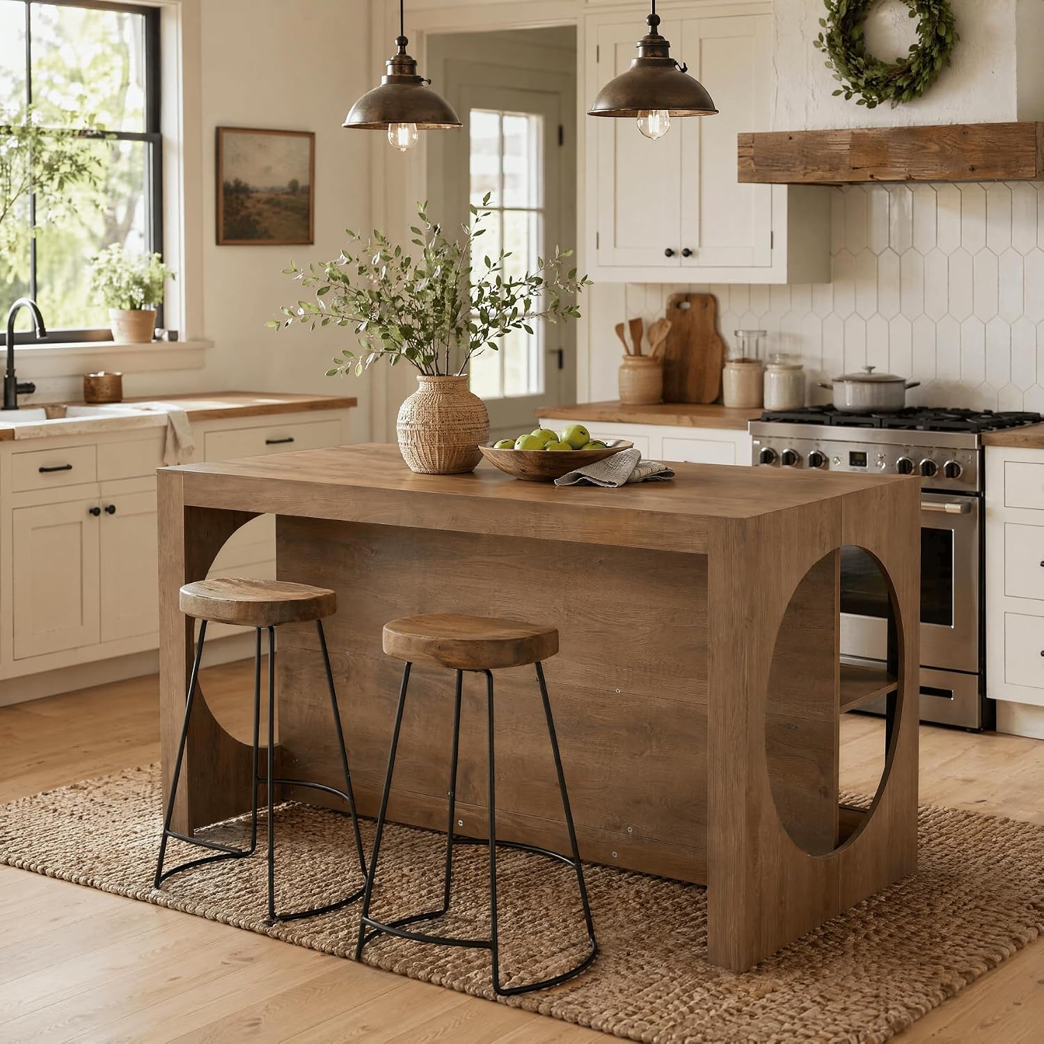 63" Farmhouse Kitchen Island with Seating, 3-Tier Storage, Large Countertop, Dining Room Table