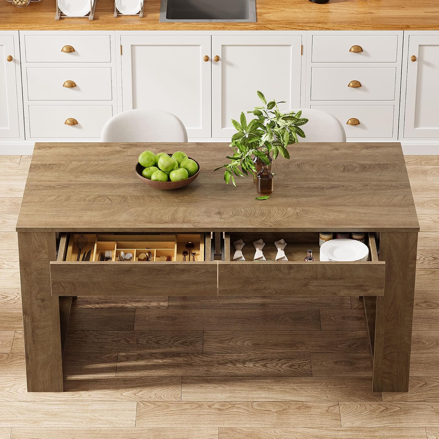 63" Rectangular Dining Table, Rustic Kitchen Table with Drawers for 4 Persons