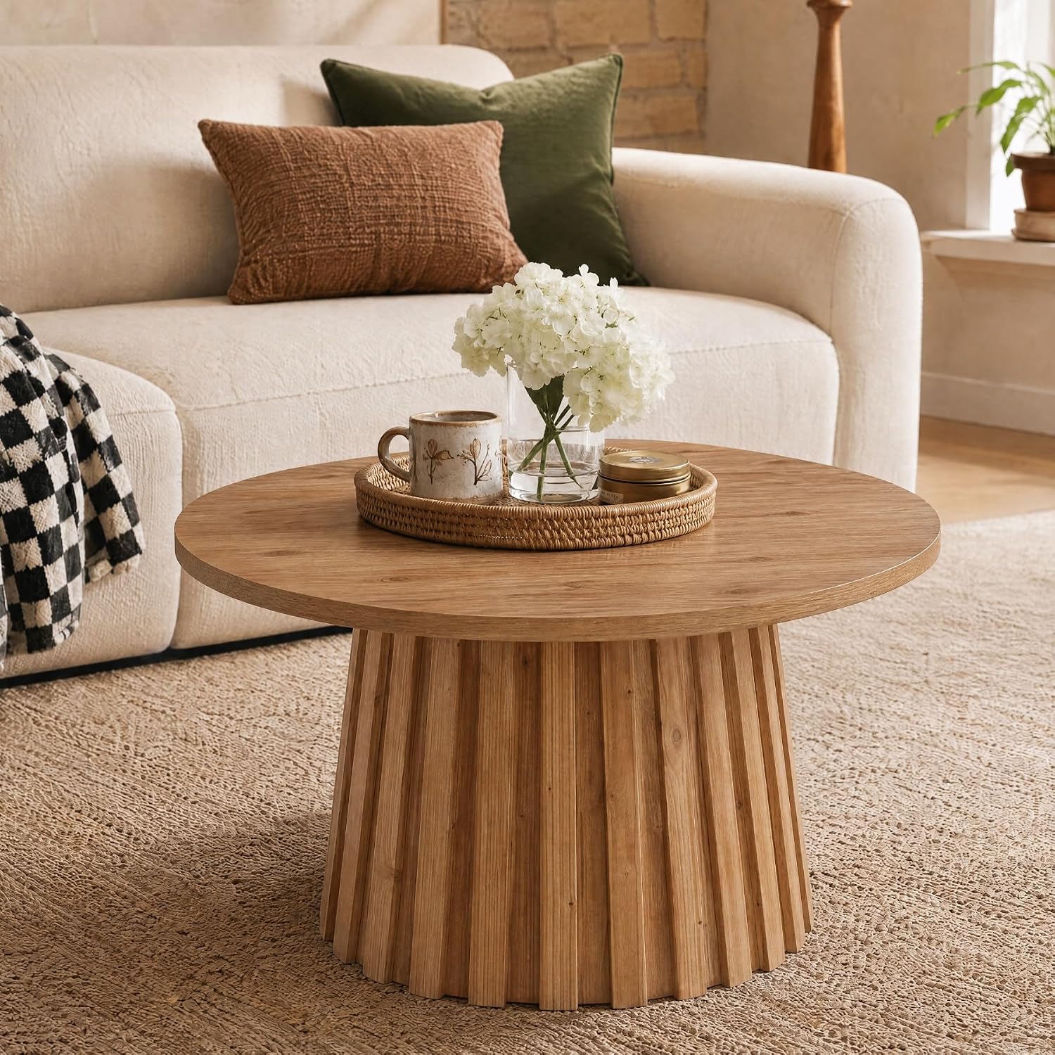 32" Round Fluted Coffee Table, Farmhouse Solid Wood Living Room, Circle Center Tea Table