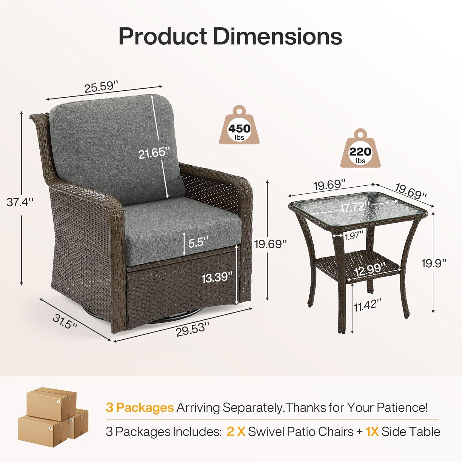 3-Piece Patio Furniture Set, Outdoor Wicker Swivel Chairs Bistro Sets