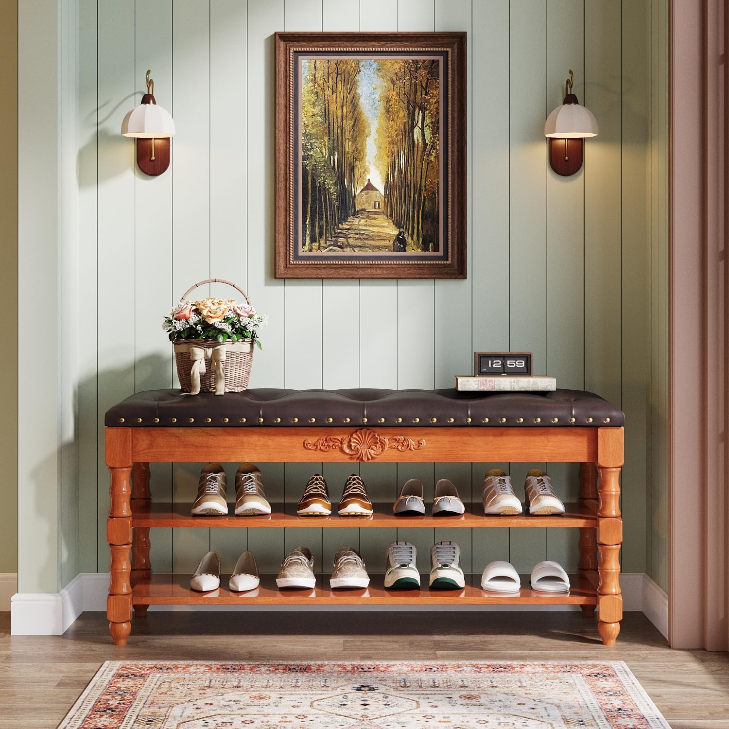 39" Storage Bench, Solid Wood Shoe Bench 8-10 Pair Shoe Organizer with Lift Top