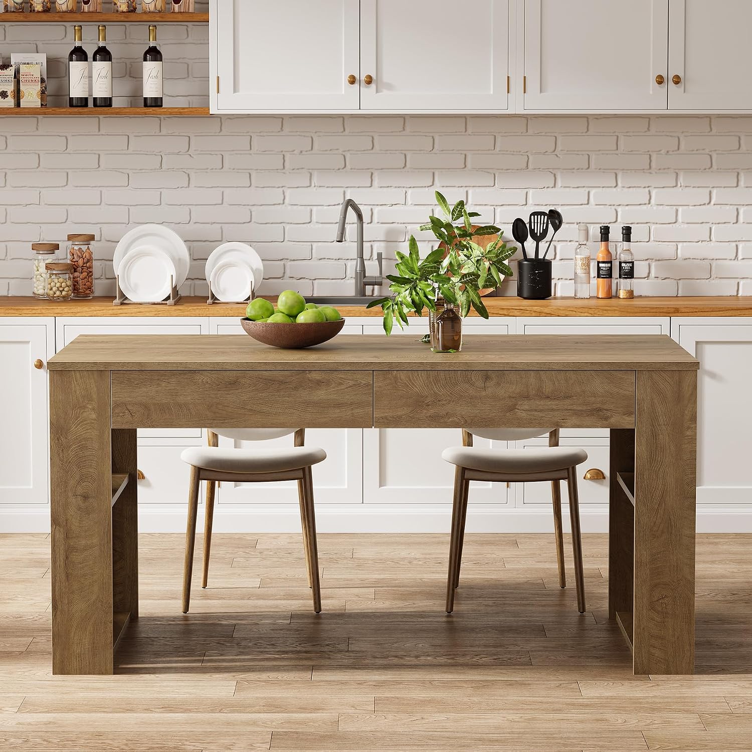 63" Rectangular Dining Table, Rustic Kitchen Table with Drawers for 4 Persons