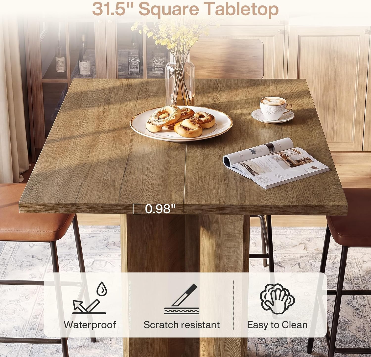 31" Square Bar Table, Home Bar Counter Height Pub Bistro Table