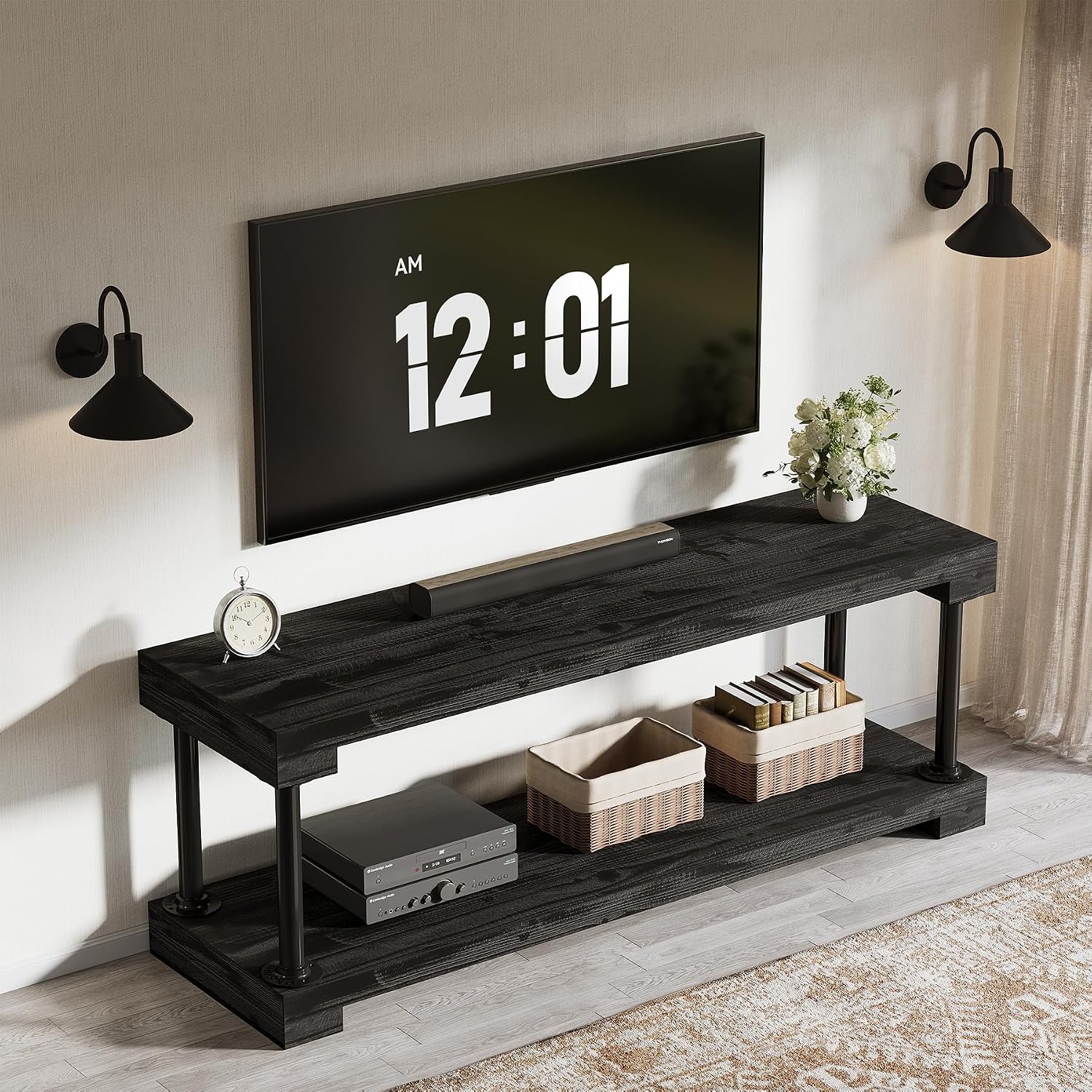 Tribesigns 63-Inch Solid Wood TV Stand, Vintage Media Console Table with Storage