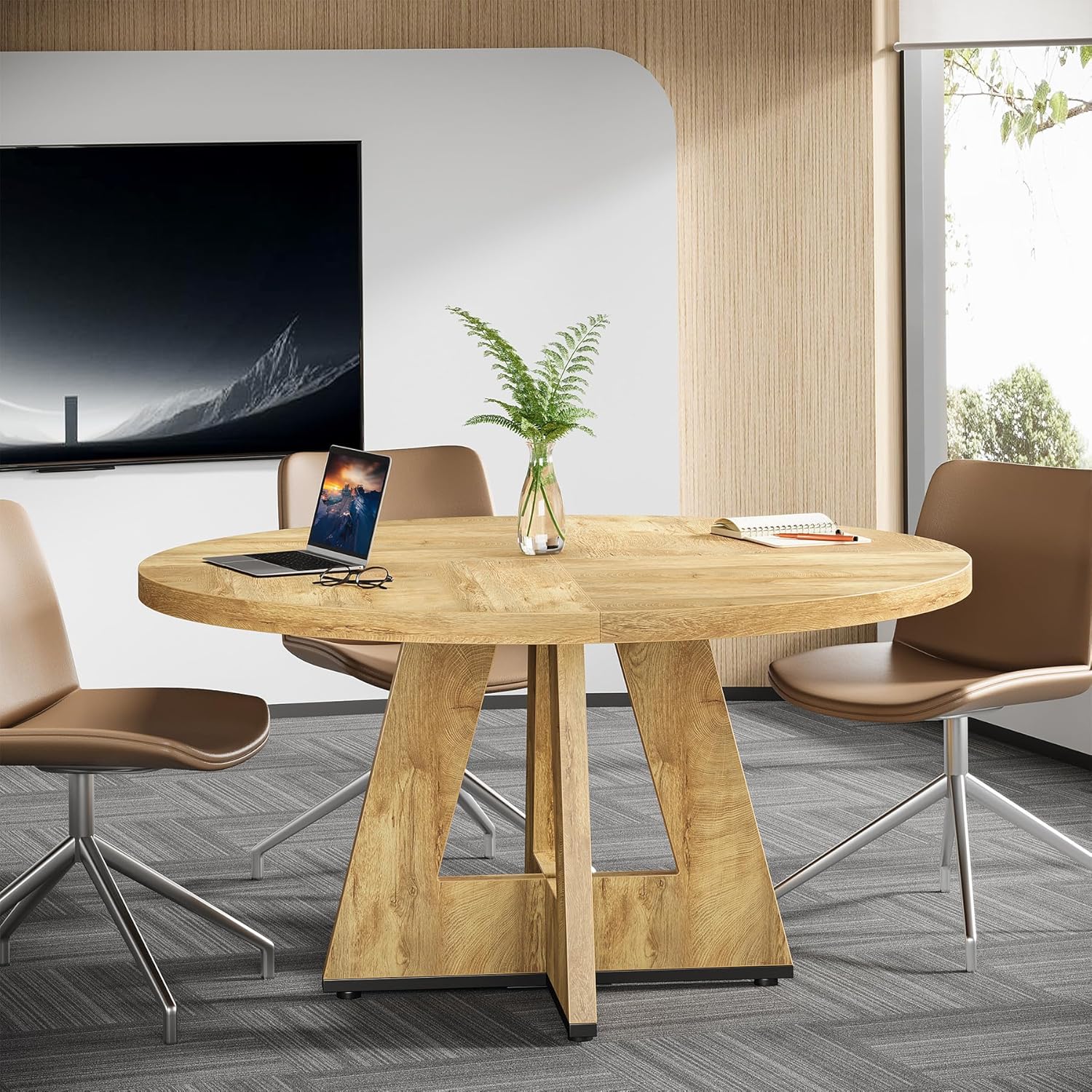 Tribesigns 47-Inch Round Conference Table for 4-6 People, Wooden Base and Thickened Top