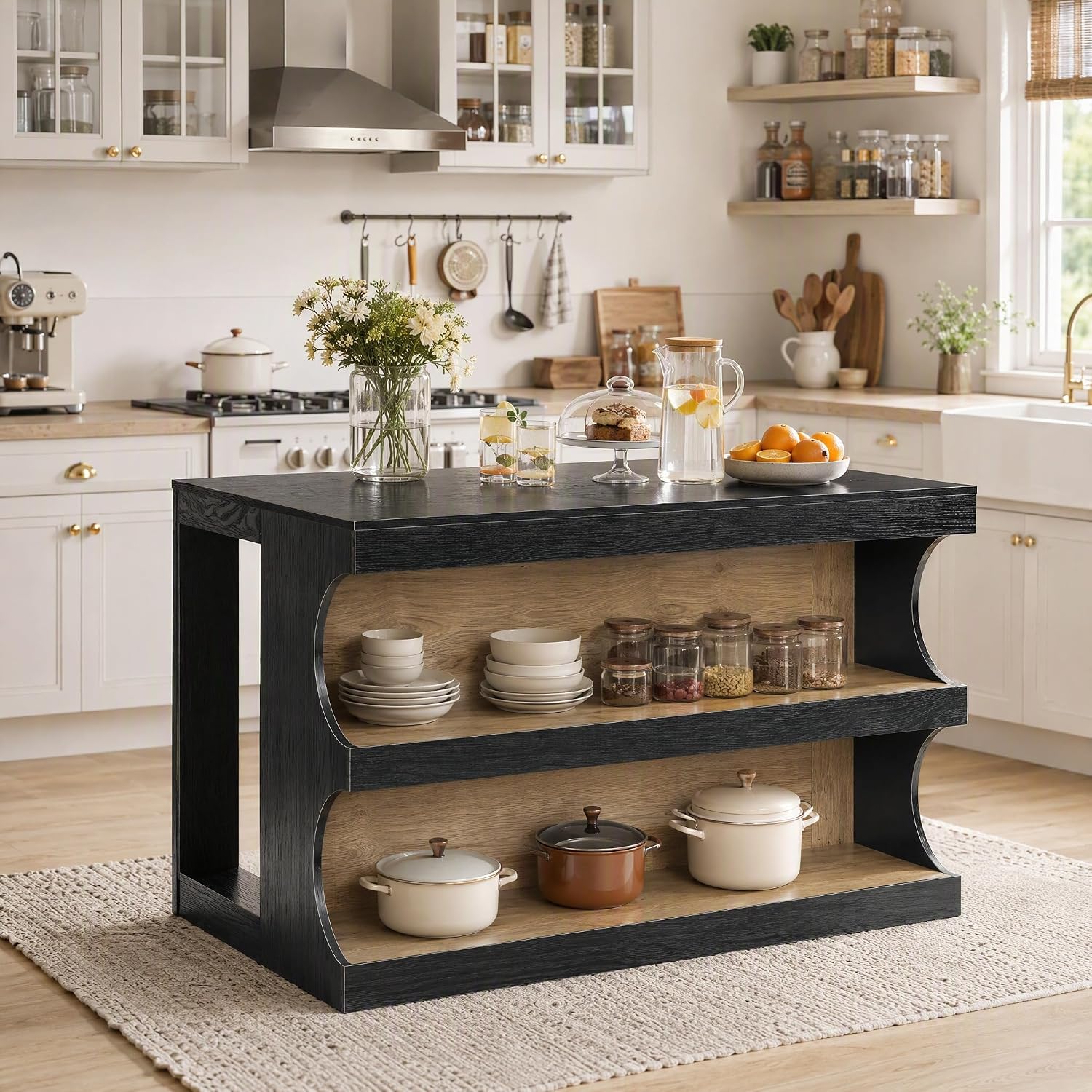 55" Sturdy Kitchen Island, Farmhouse Stationary Island Table