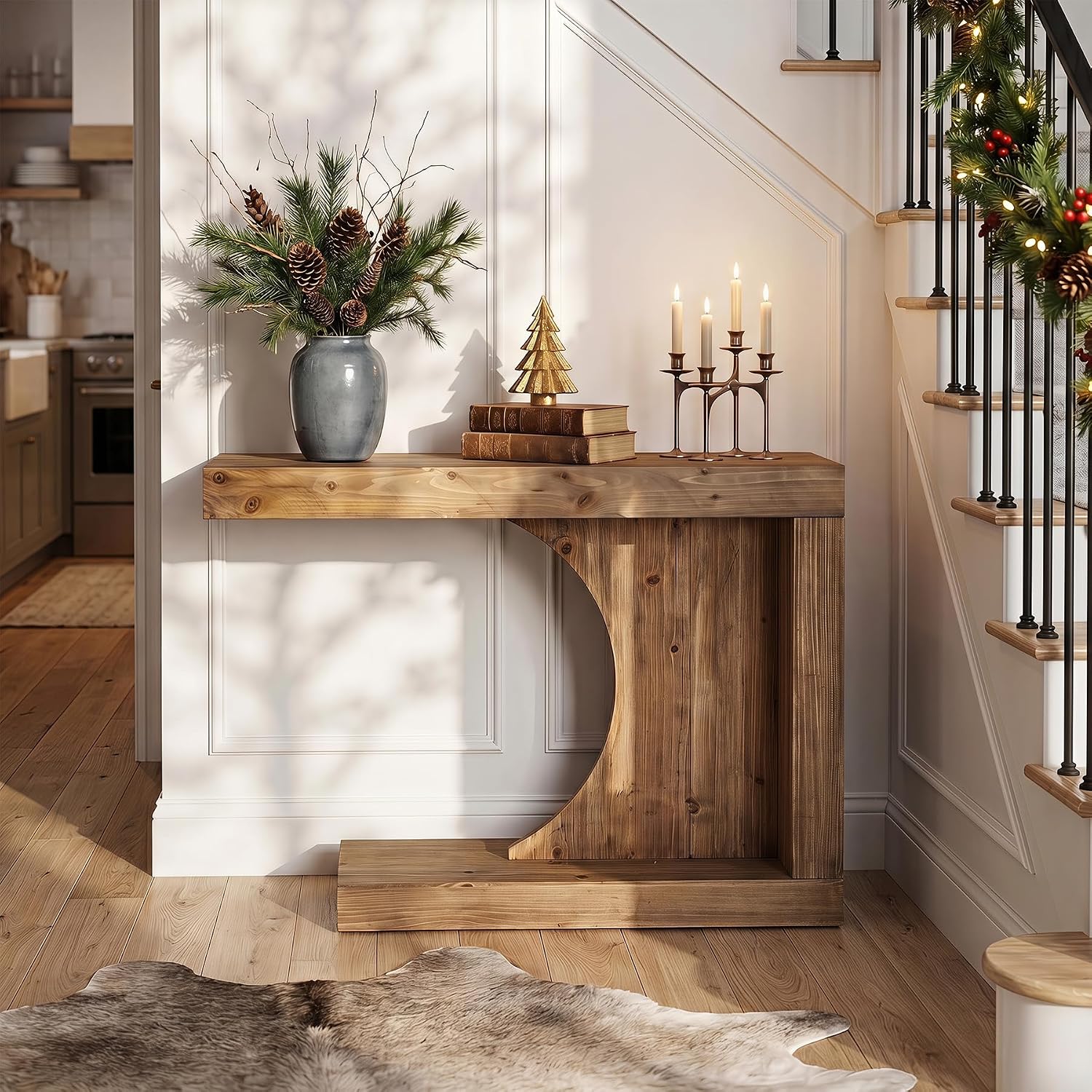 39.4" C-Shaped Console Table, Solid Wood Modern Entryway Accent Table for Living Room