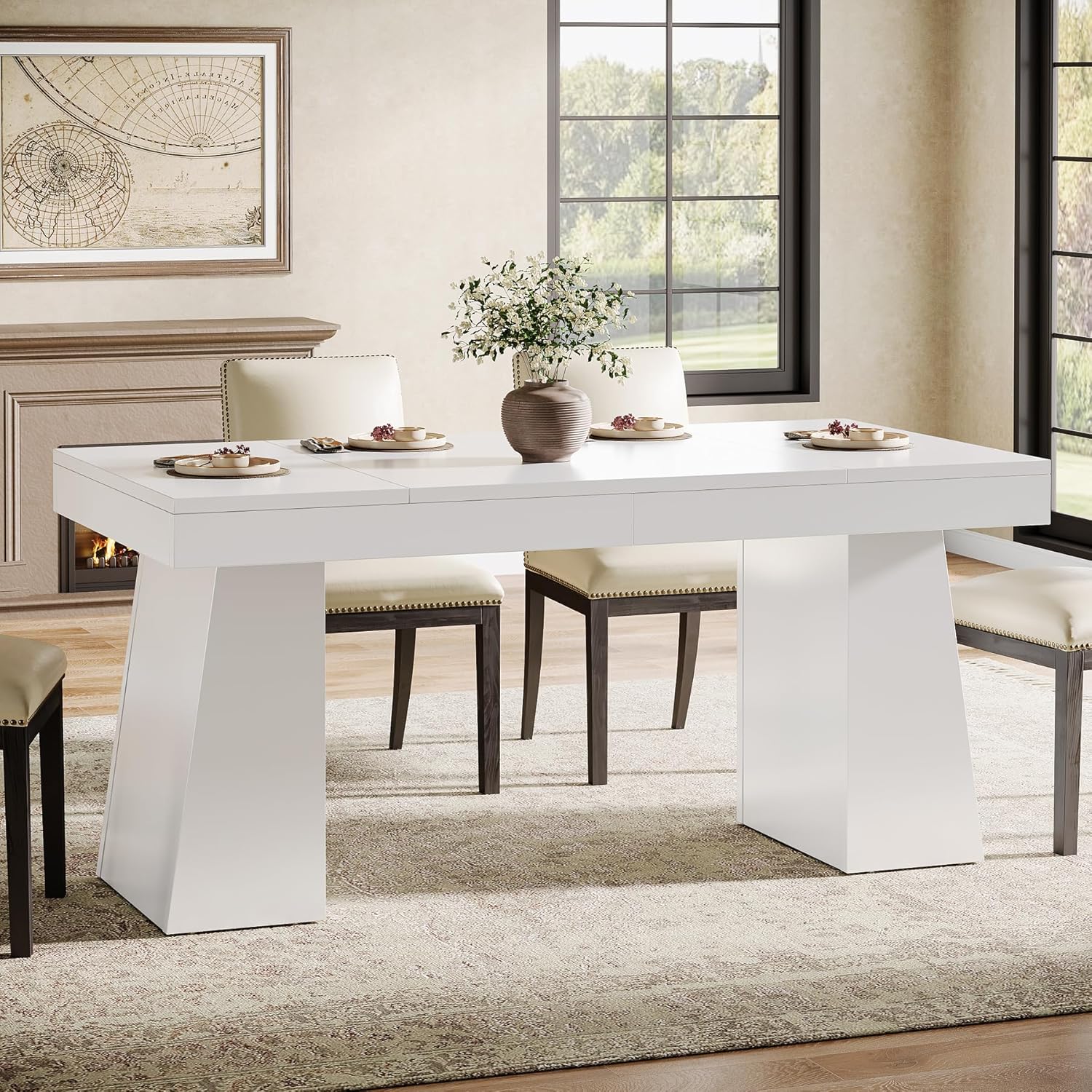 55 Inch Farmhouse Double Pedestal Dining Table, Rectangular Table for 4-6 in Small Spaces
