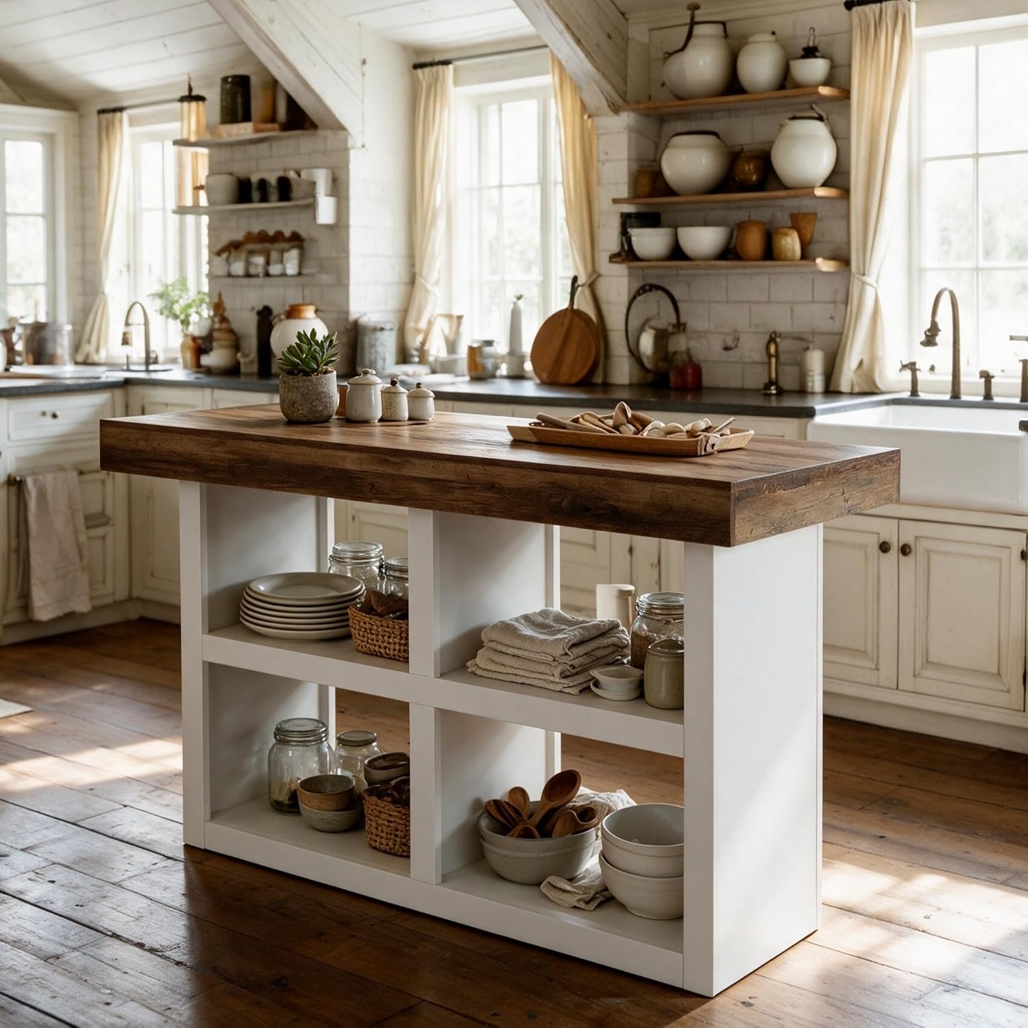 55" Kitchen Island with 4 Open Shelves, Stationary Wooden Storage Center Island Table