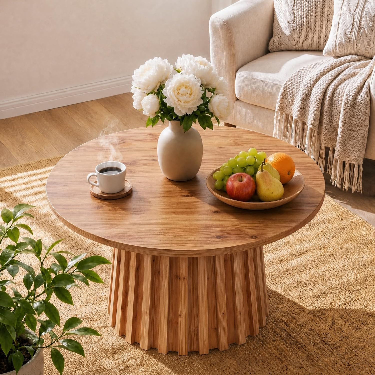32" Round Fluted Coffee Table, Farmhouse Solid Wood Living Room, Circle Center Tea Table