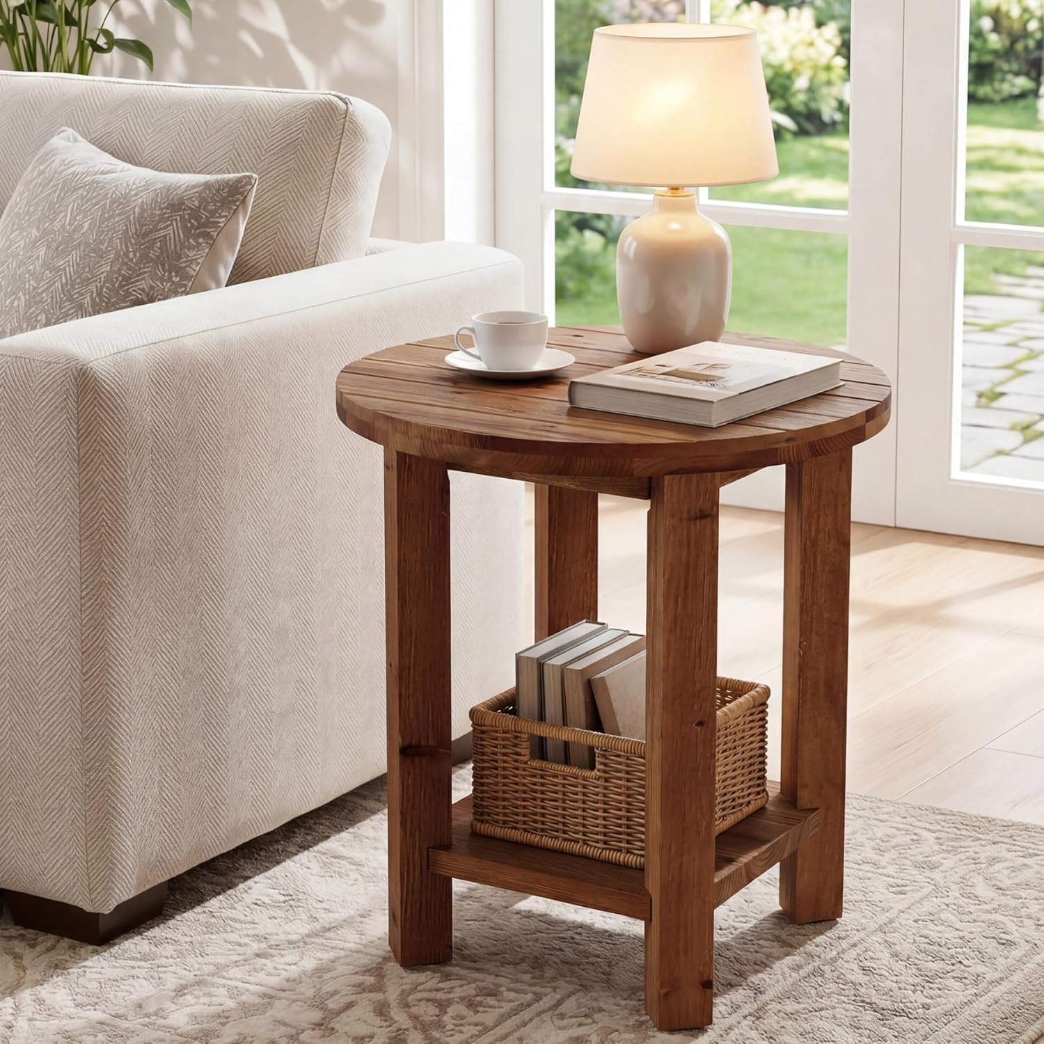 2-Tier End Table, Solid Wood Round Side Table with Grooved Textured Tabletop