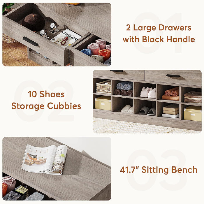 Shoe Bench, Entryway Shoe Storage Rack with 2 Drawers & 10 Cubbies Tribesigns
