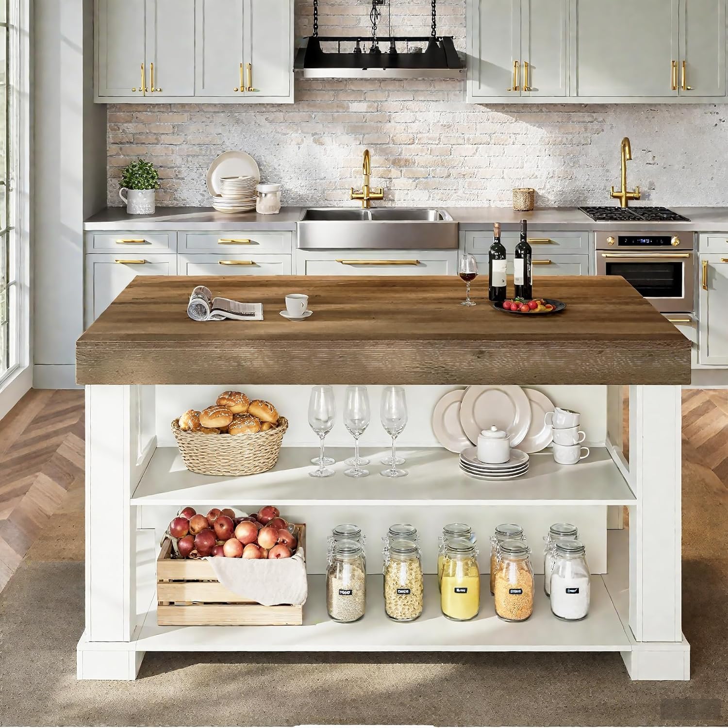 55" Counter Height Bar Table with Storage Shelves, Rectangular Kitchen Table for 6