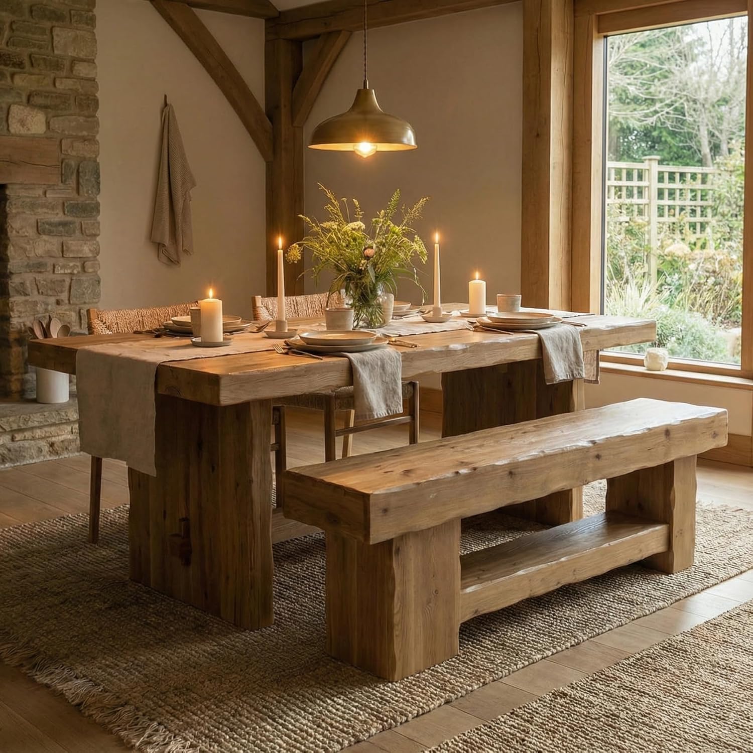 63" Solid Wood Dining Bench, Farmhouse Kitchen Table Bench with Storage Shelf