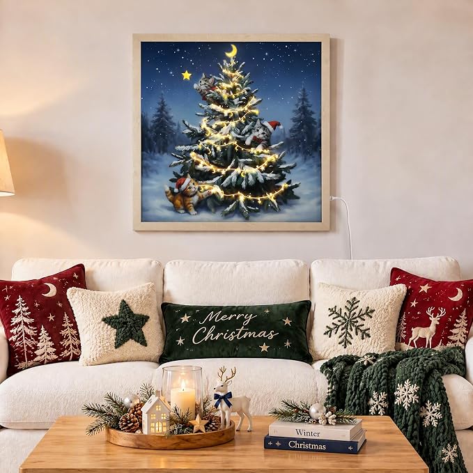 24x24 Inch Christmas Tree Wall Art, Large Framed Canvas with Crystal Coating, Modern Living Room