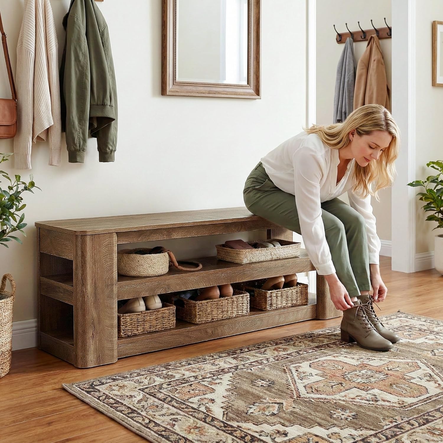 55" Shoe Rack Bench, 3-Tier Entryway Storage Bench Seat for Entrance