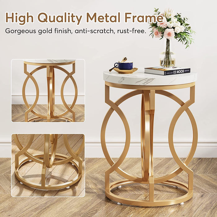 End Table, Round Side Table with Faux Marble Top, Modern Bedside Table Tribesigns