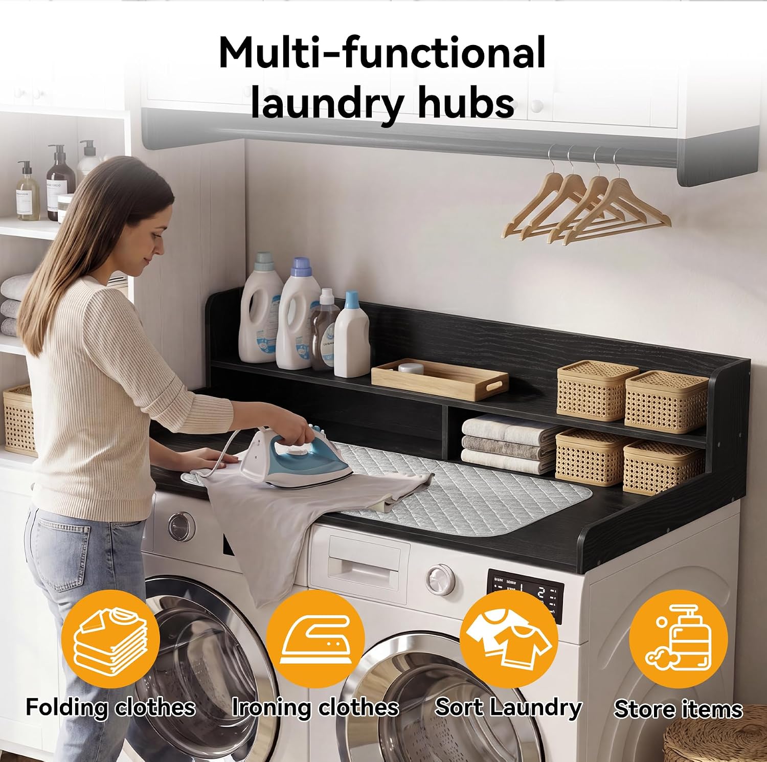 2-Tier Washer Dryer Countertop with Ironing Mat for Laundry Room Organization, Waterproof, Stain-Resistant