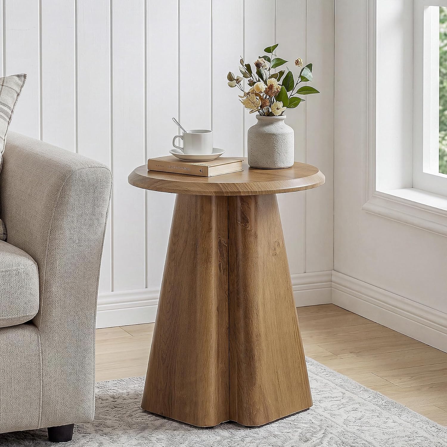 23.6" Round End Table, Modern Accent Side Table with Fluted Pedestal Base