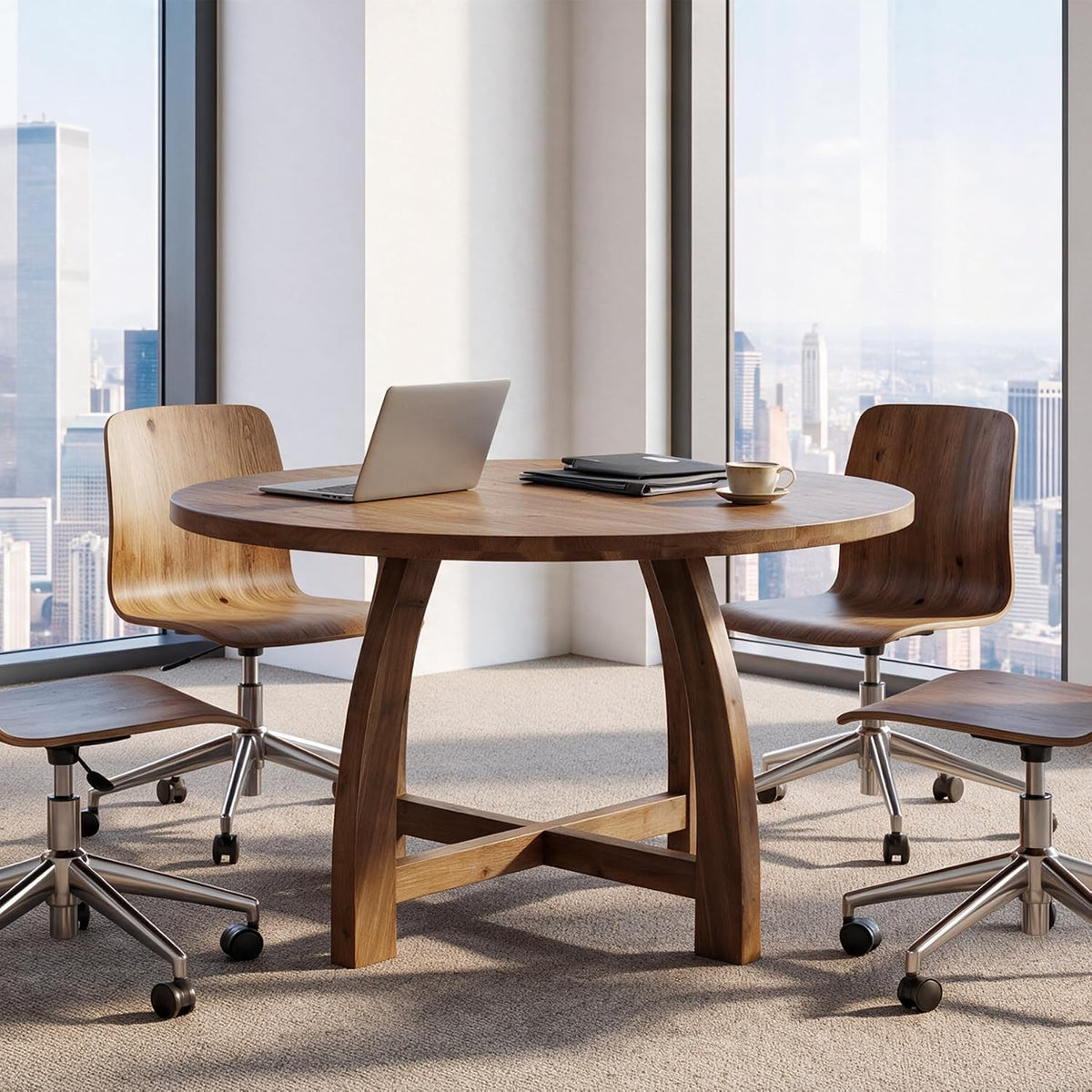 47" Solid Wood Conference Table for 4-6, Round Meeting Table with Cross-Shaped Base